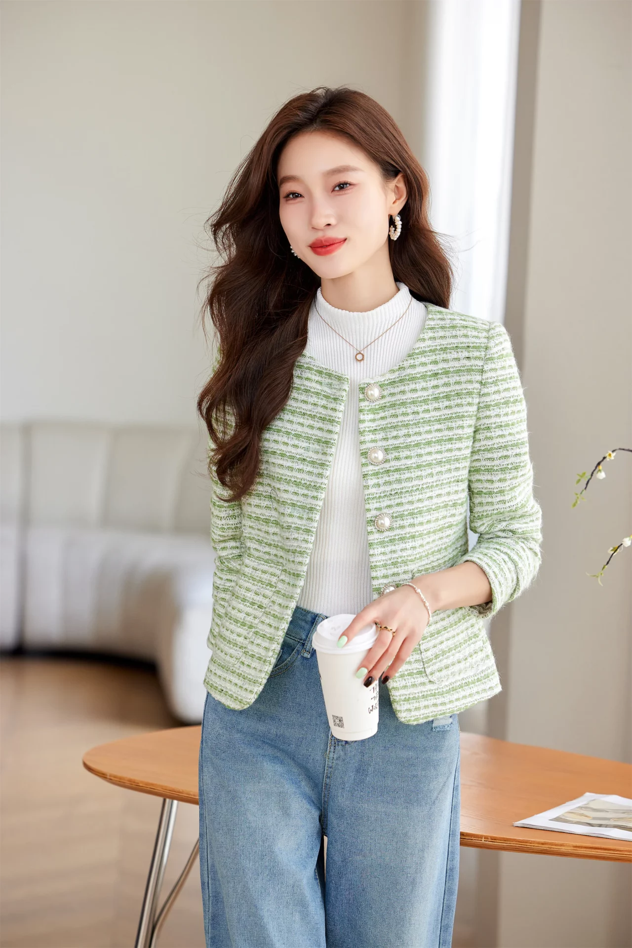 PN4068-4 เสื้อสูทเบลเซอร์ทำงานผู้หญิงสีเขียวผ้าทวีตไม่แต่งปกแขนยาว