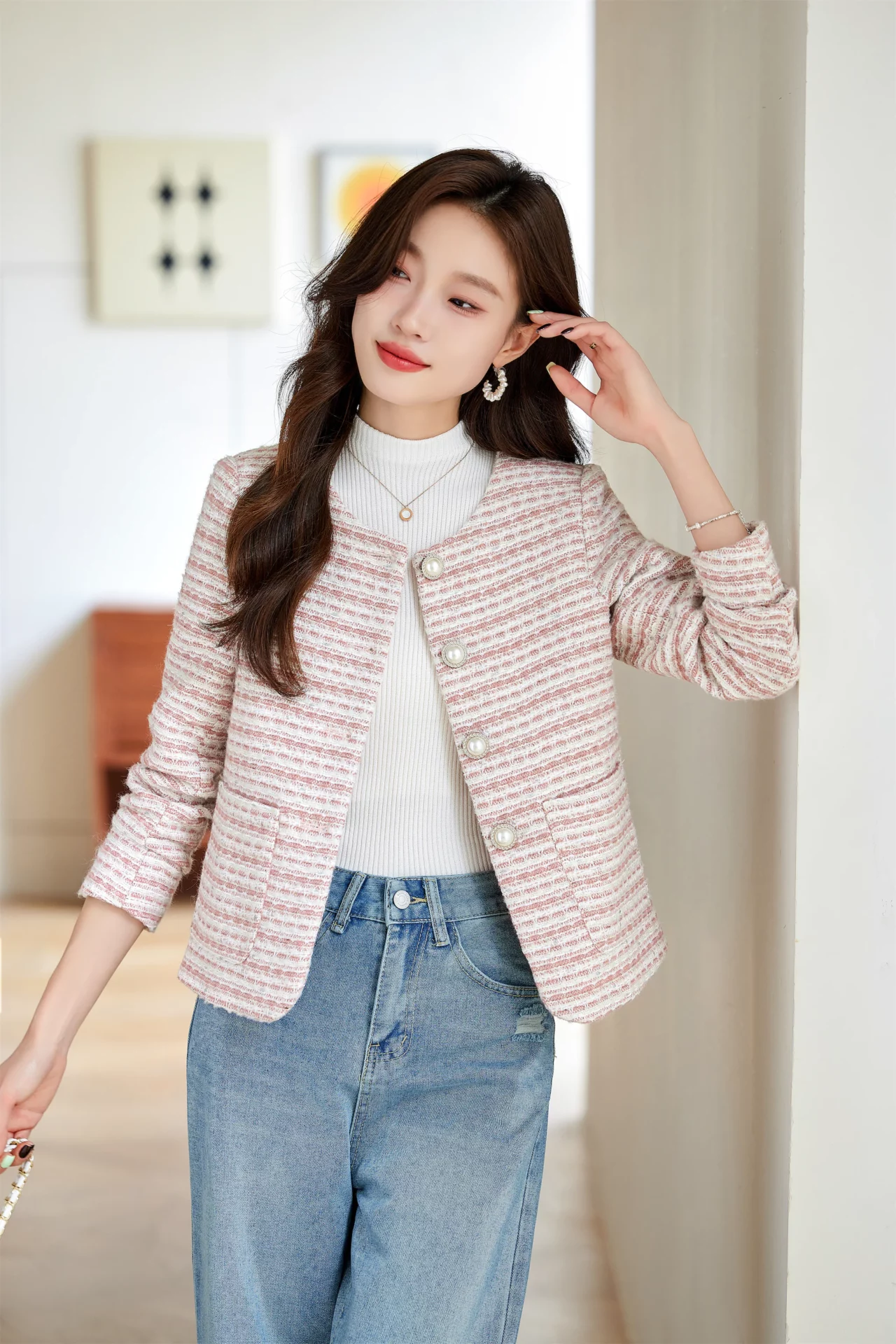 PN4069-1 เสื้อสูทเบลเซอร์ทำงานผู้หญิงสีชมพูผ้าทวีตไม่แต่งปกแขนยาว
