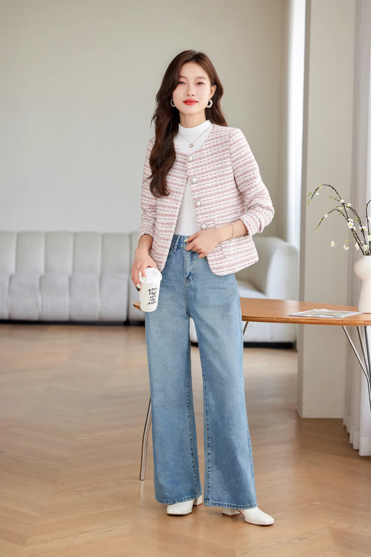 PN4069-2 เสื้อสูทเบลเซอร์ทำงานผู้หญิงสีชมพูผ้าทวีตไม่แต่งปกแขนยาว