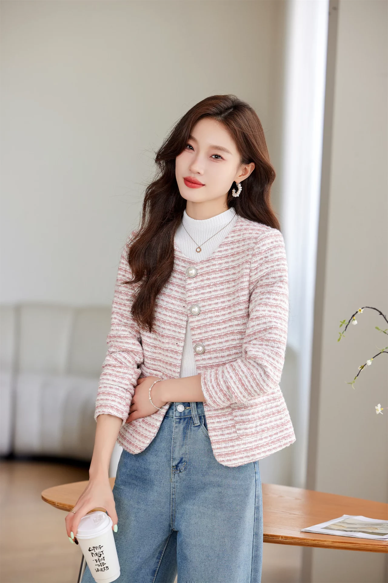 PN4069-3 เสื้อสูทเบลเซอร์ทำงานผู้หญิงสีชมพูผ้าทวีตไม่แต่งปกแขนยาว