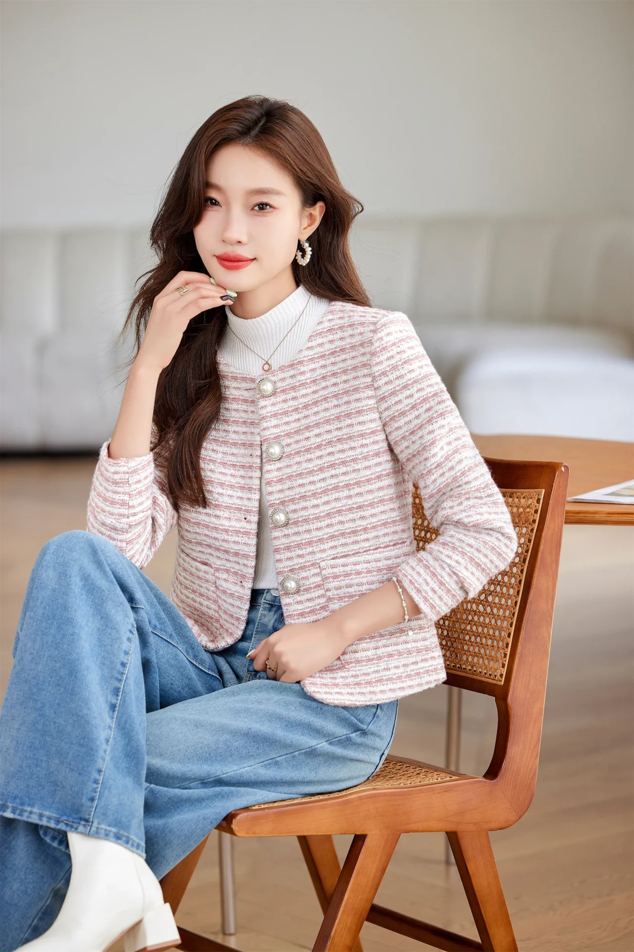 PN4069-4 เสื้อสูทเบลเซอร์ทำงานผู้หญิงสีชมพูผ้าทวีตไม่แต่งปกแขนยาว