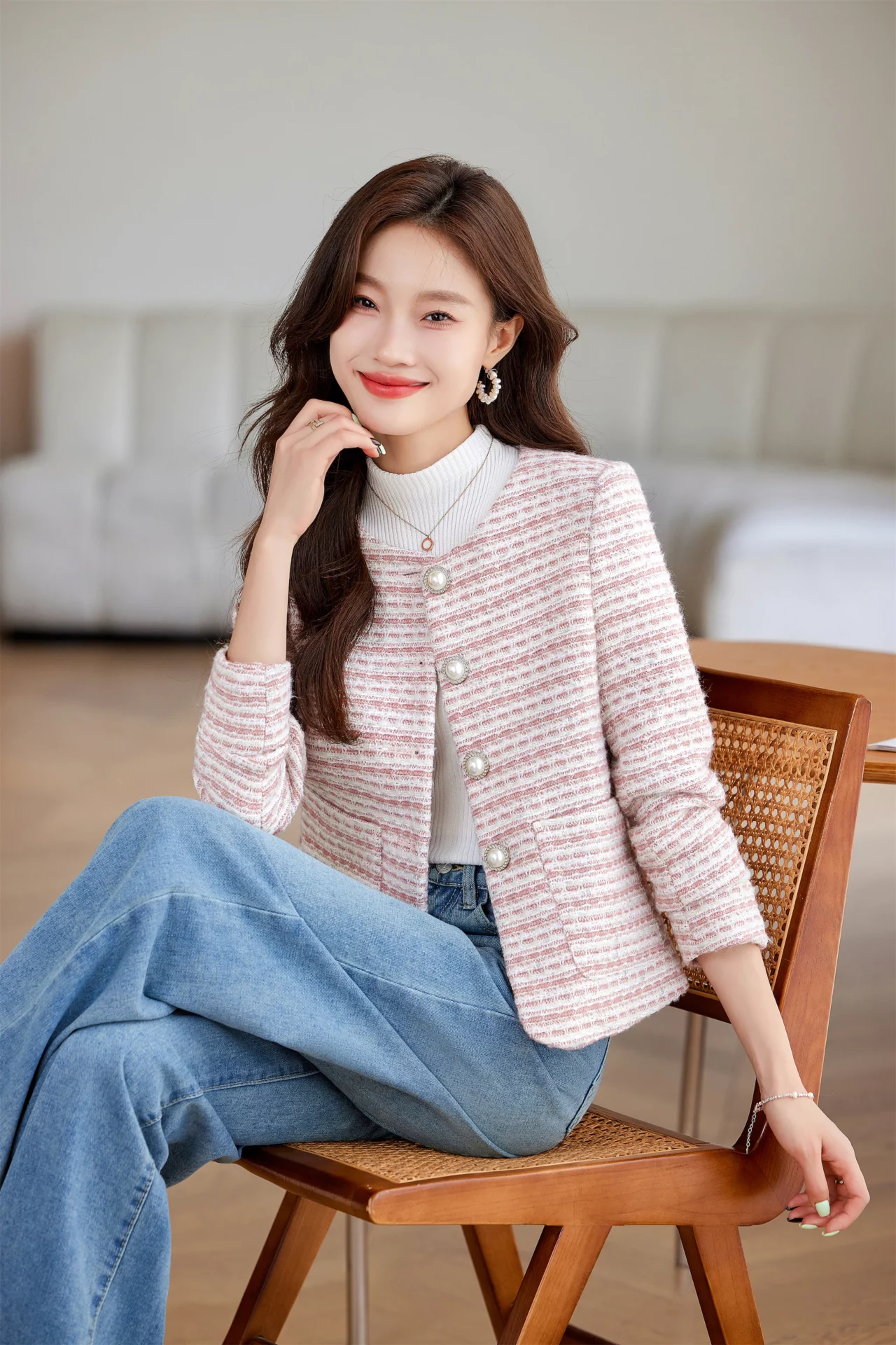 PN4069-5 เสื้อสูทเบลเซอร์ทำงานผู้หญิงสีชมพูผ้าทวีตไม่แต่งปกแขนยาว