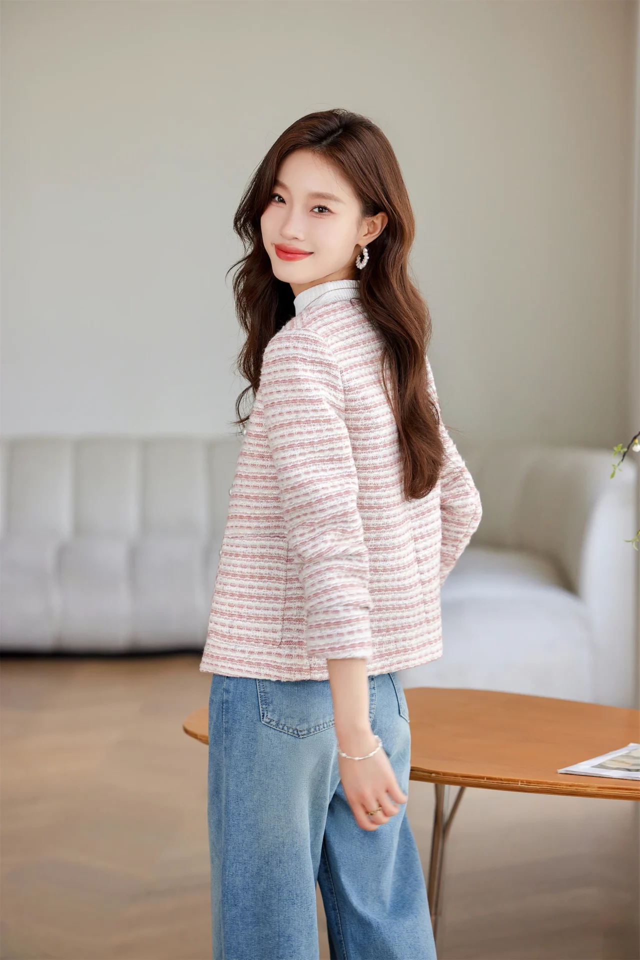 PN4069-6 เสื้อสูทเบลเซอร์ทำงานผู้หญิงสีชมพูผ้าทวีตไม่แต่งปกแขนยาว