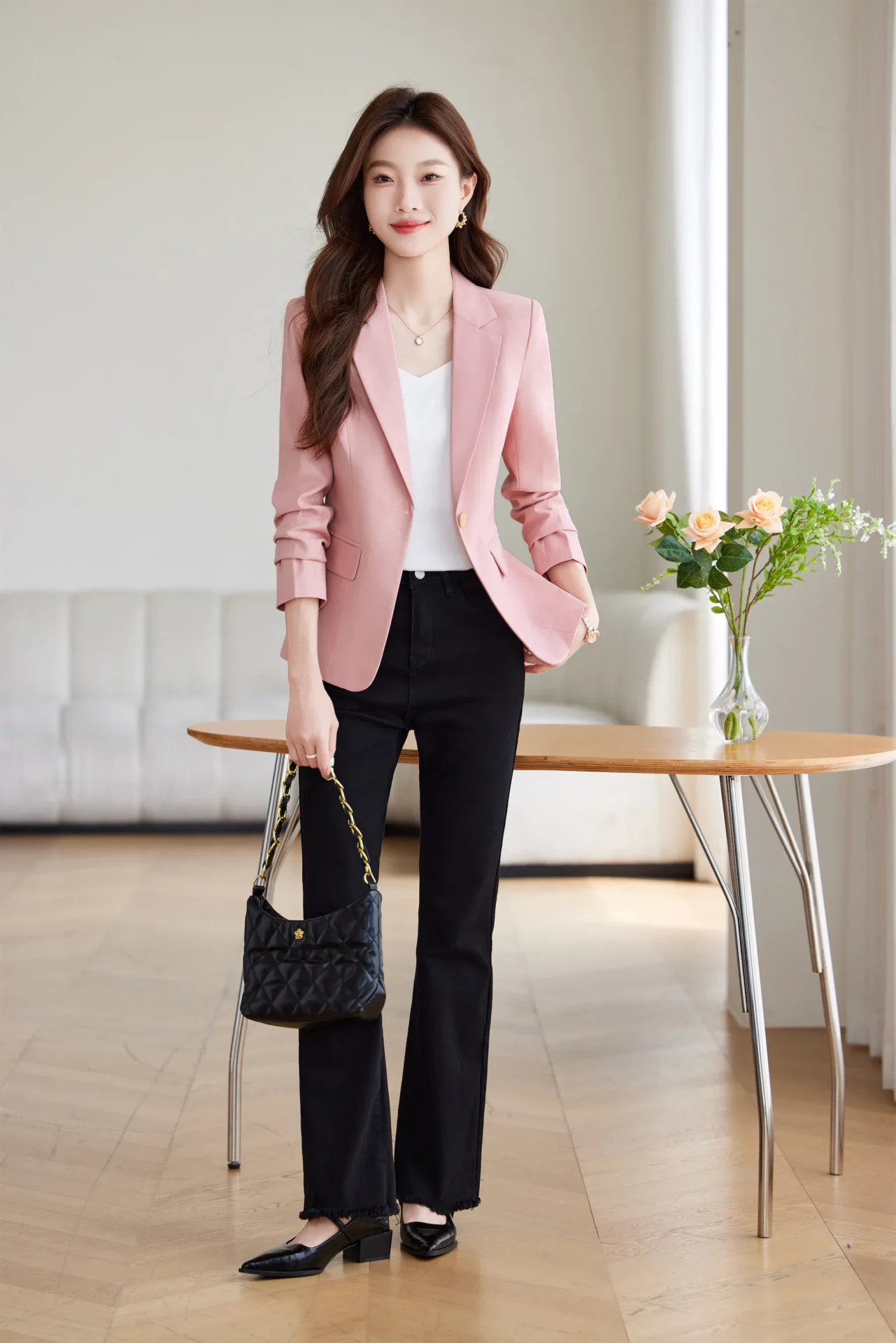 PN4070-2 เสื้อเบลเซอร์ผู้หญิงสีชมพูปกป้านแต่งกระดุมแขนยาว