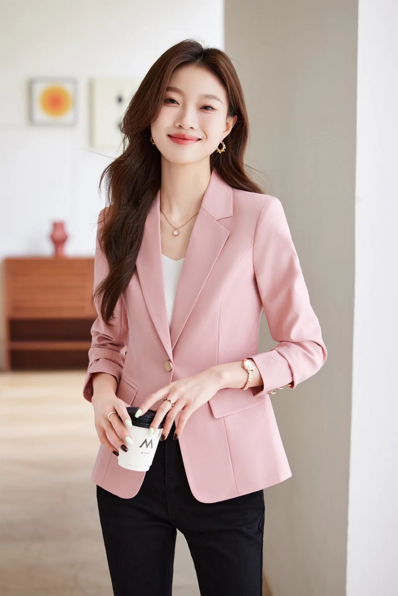 PN4070-6 เสื้อเบลเซอร์ผู้หญิงสีชมพูปกป้านแต่งกระดุมแขนยาว