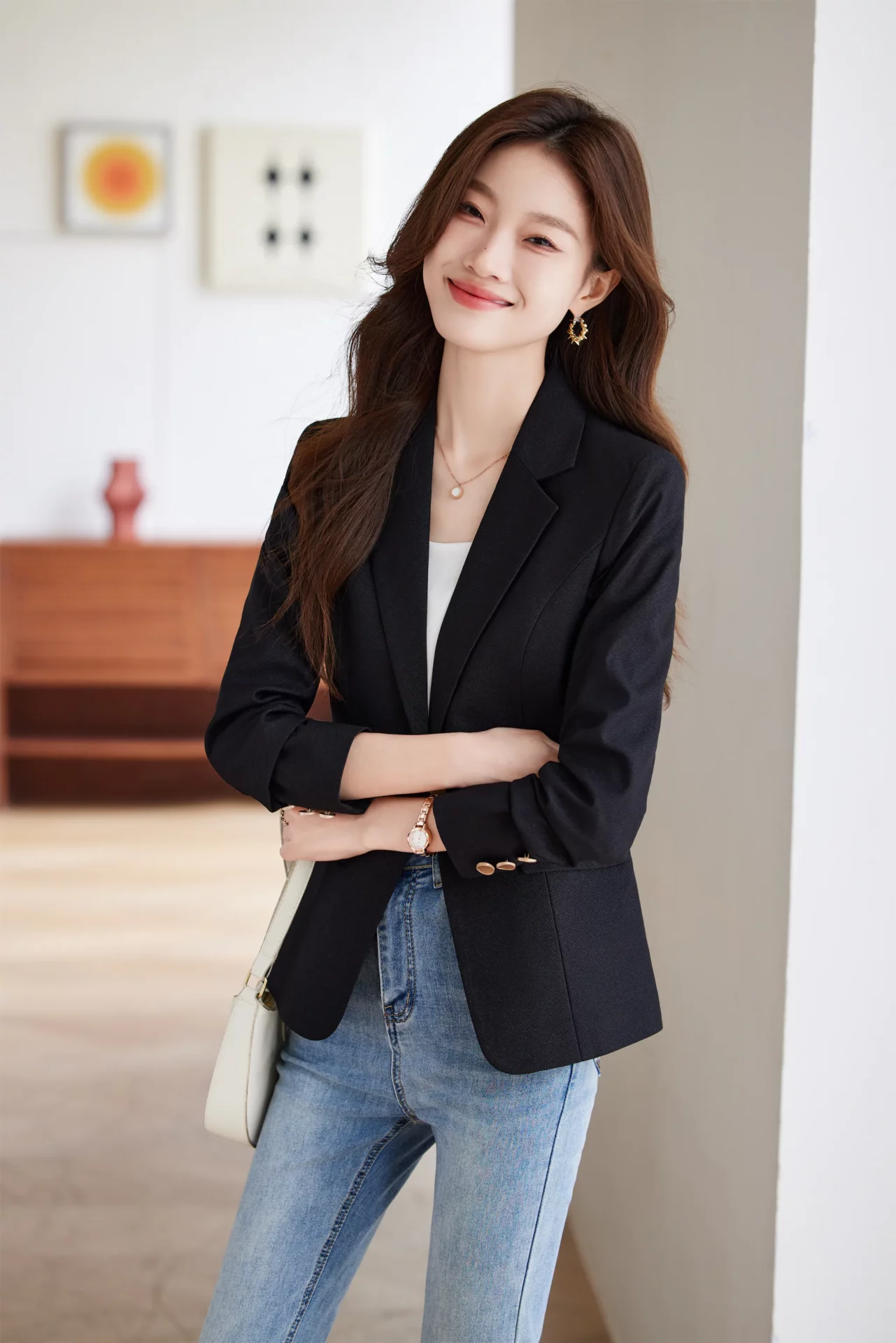PN4073-2 เสื้อเบลเซอร์ผู้หญิงสีดำปกป้านแต่งกระดุมแขนยาว