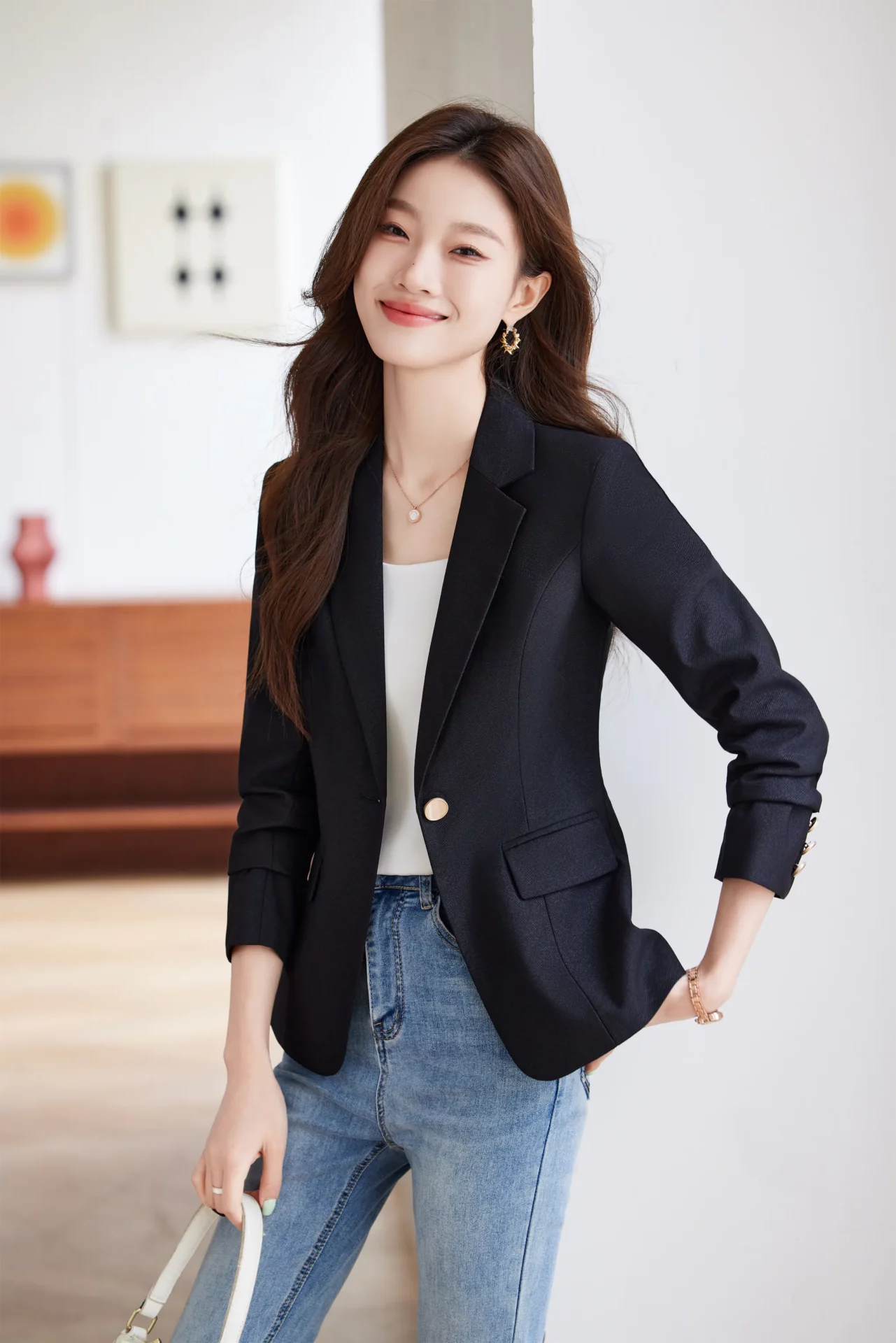 PN4073-3 เสื้อเบลเซอร์ผู้หญิงสีดำปกป้านแต่งกระดุมแขนยาว