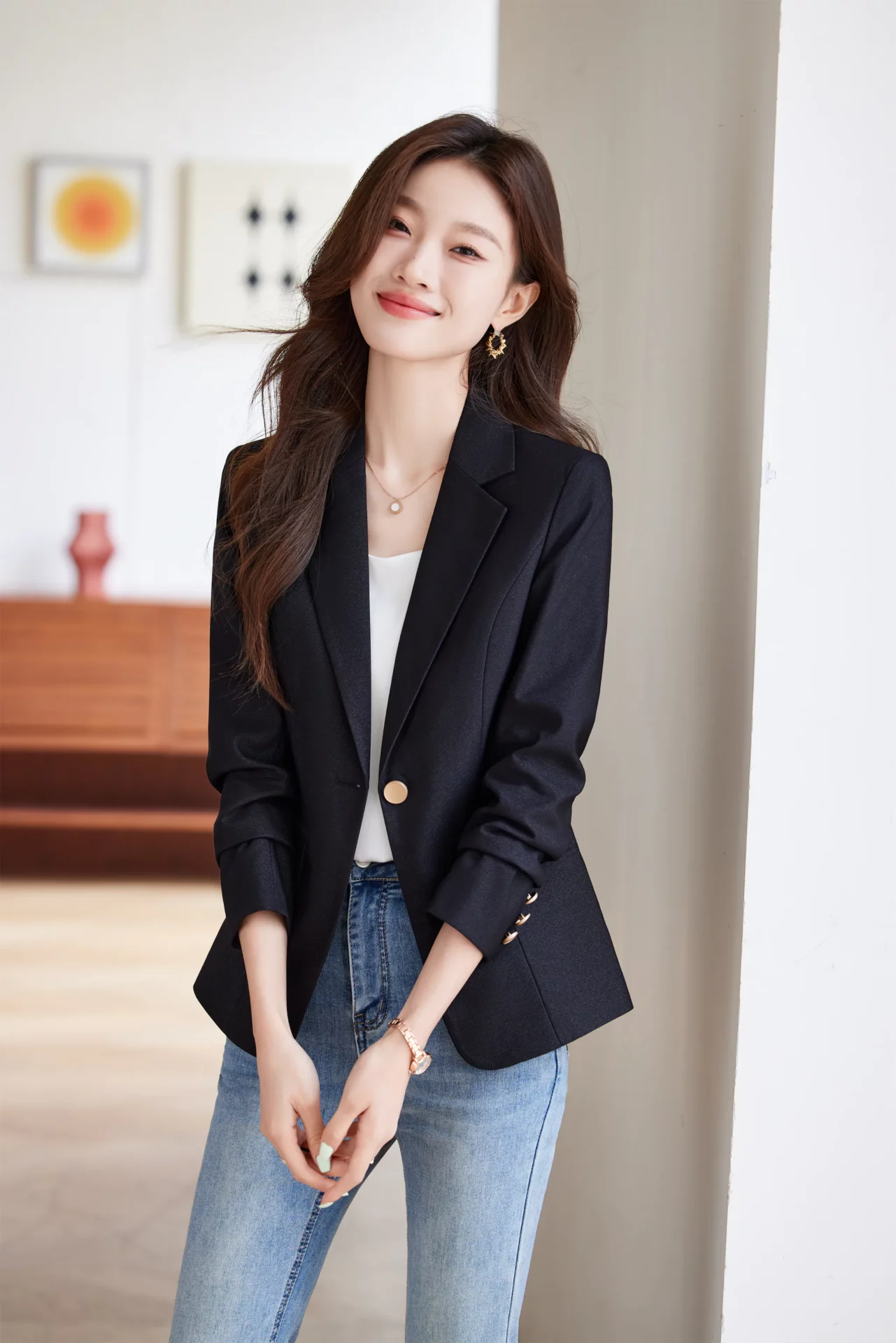 PN4073-4 เสื้อเบลเซอร์ผู้หญิงสีดำปกป้านแต่งกระดุมแขนยาว