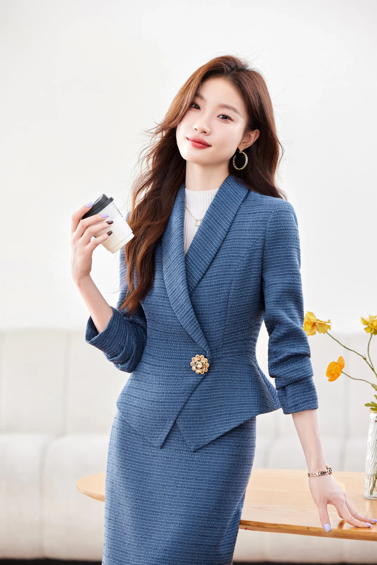 PN4079-8 ชุดสูททำงานผู้หญิงสีน้ำเงินปกกล้วยแต่งแขนยาวมาพร้อมกระโปรง