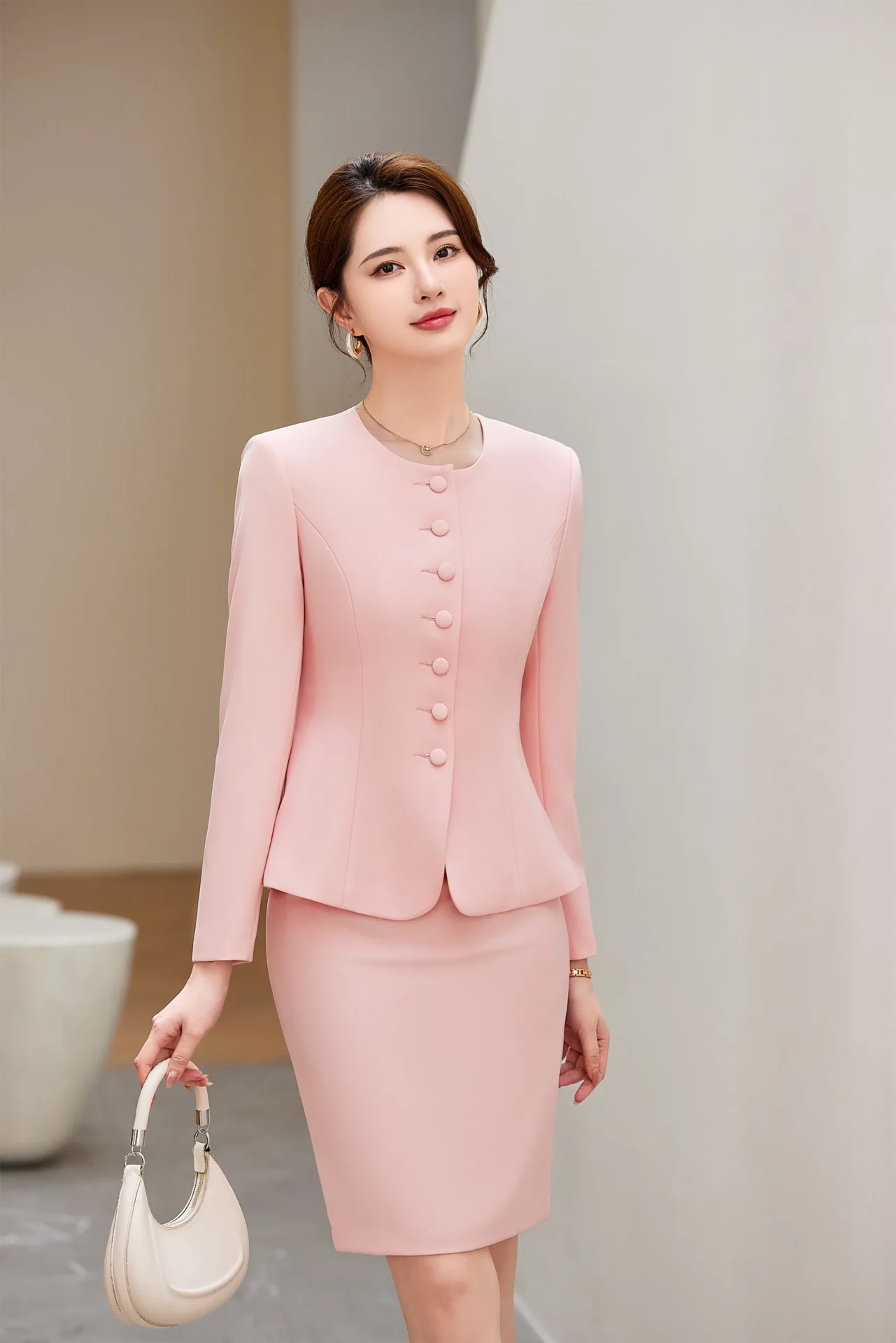 PN4091-2 ชุดสูททำงานผู้หญิงสีชมพูคอกลมแขนยาวมาพร้อมกระโปรง