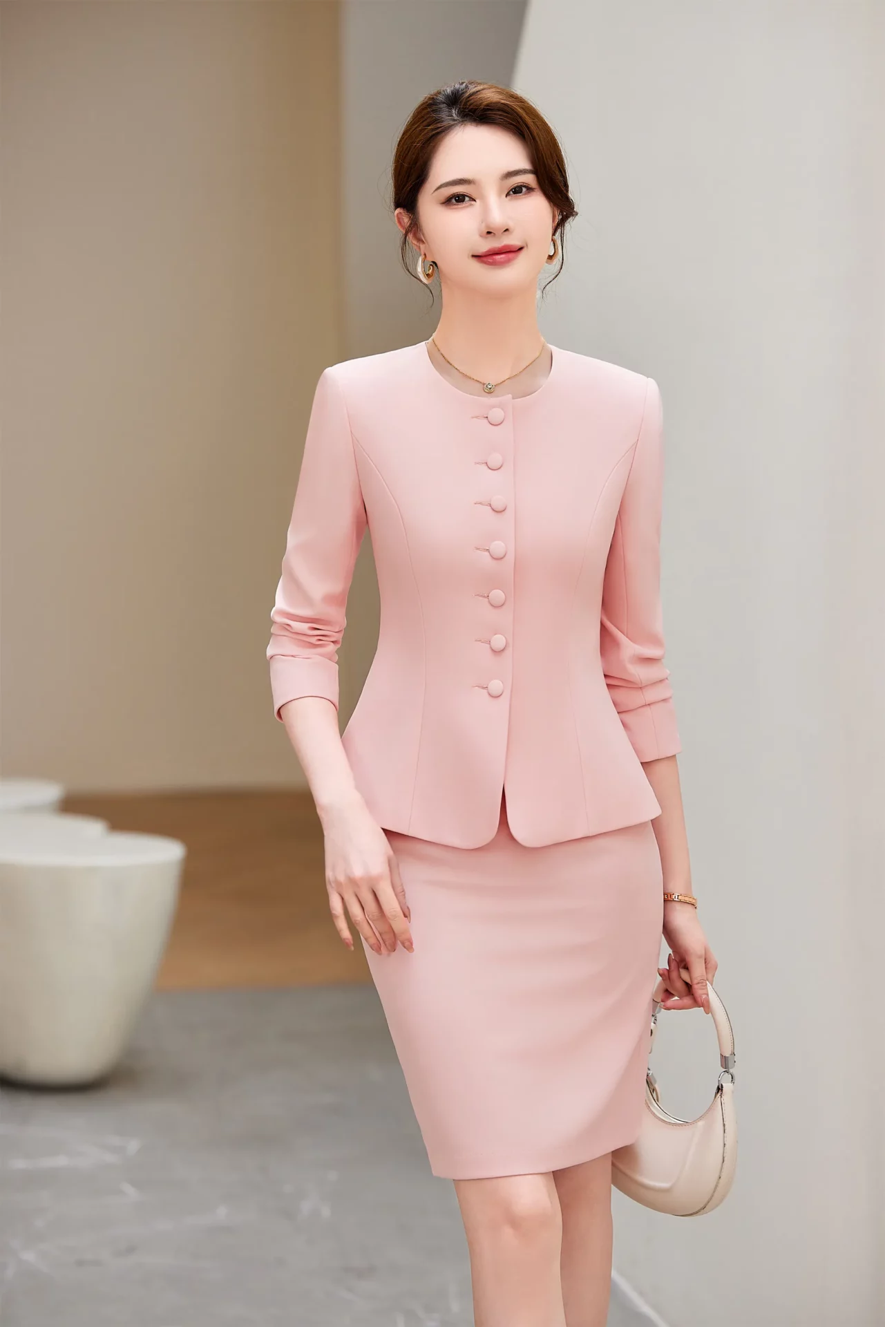 PN4091-3 ชุดสูททำงานผู้หญิงสีชมพูคอกลมแขนยาวมาพร้อมกระโปรง