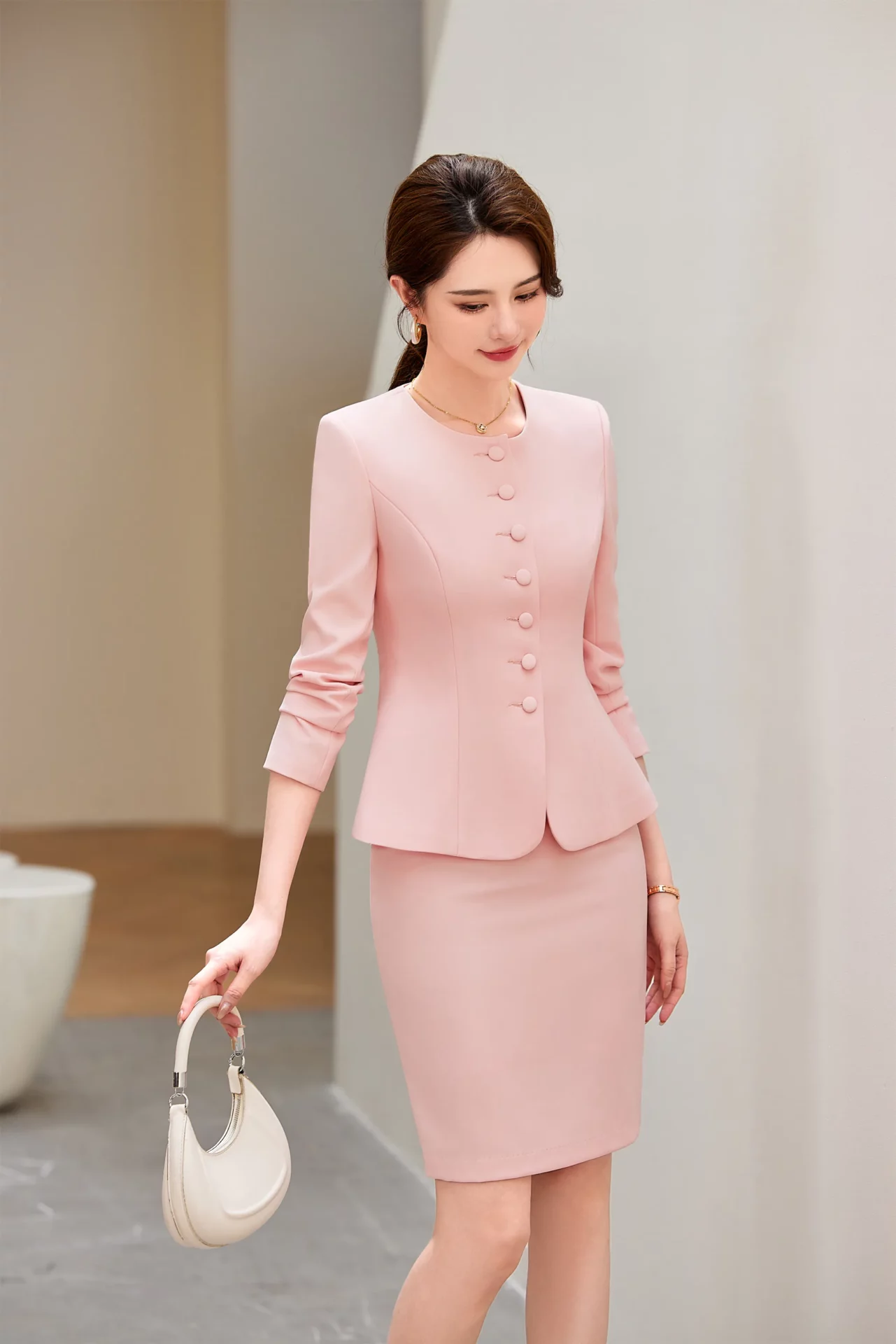 PN4091-5 ชุดสูททำงานผู้หญิงสีชมพูคอกลมแขนยาวมาพร้อมกระโปรง