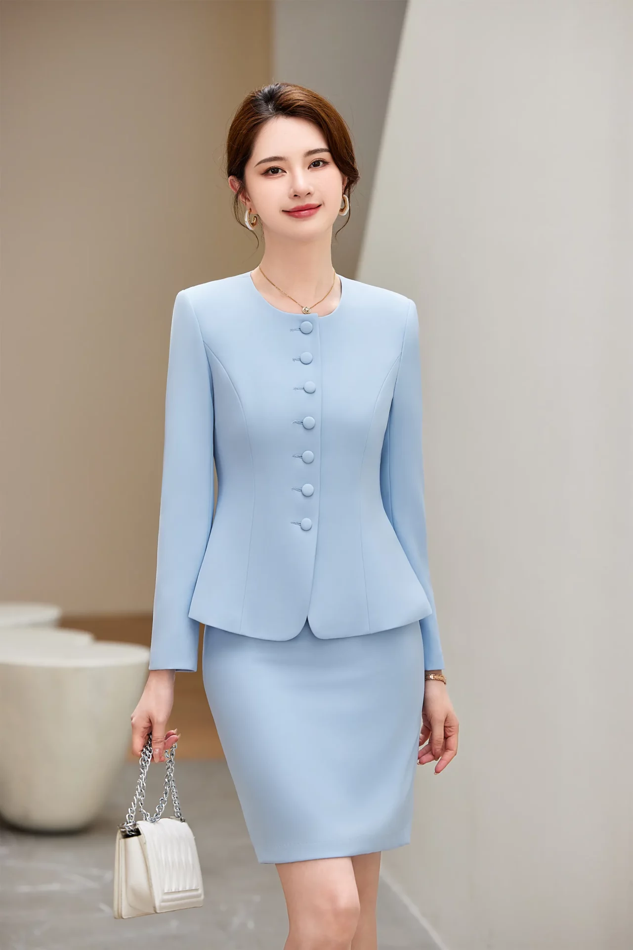 PN4092-1 ชุดสูททำงานผู้หญิงสีฟ้าคอกลมแขนยาวมาพร้อมกระโปรง