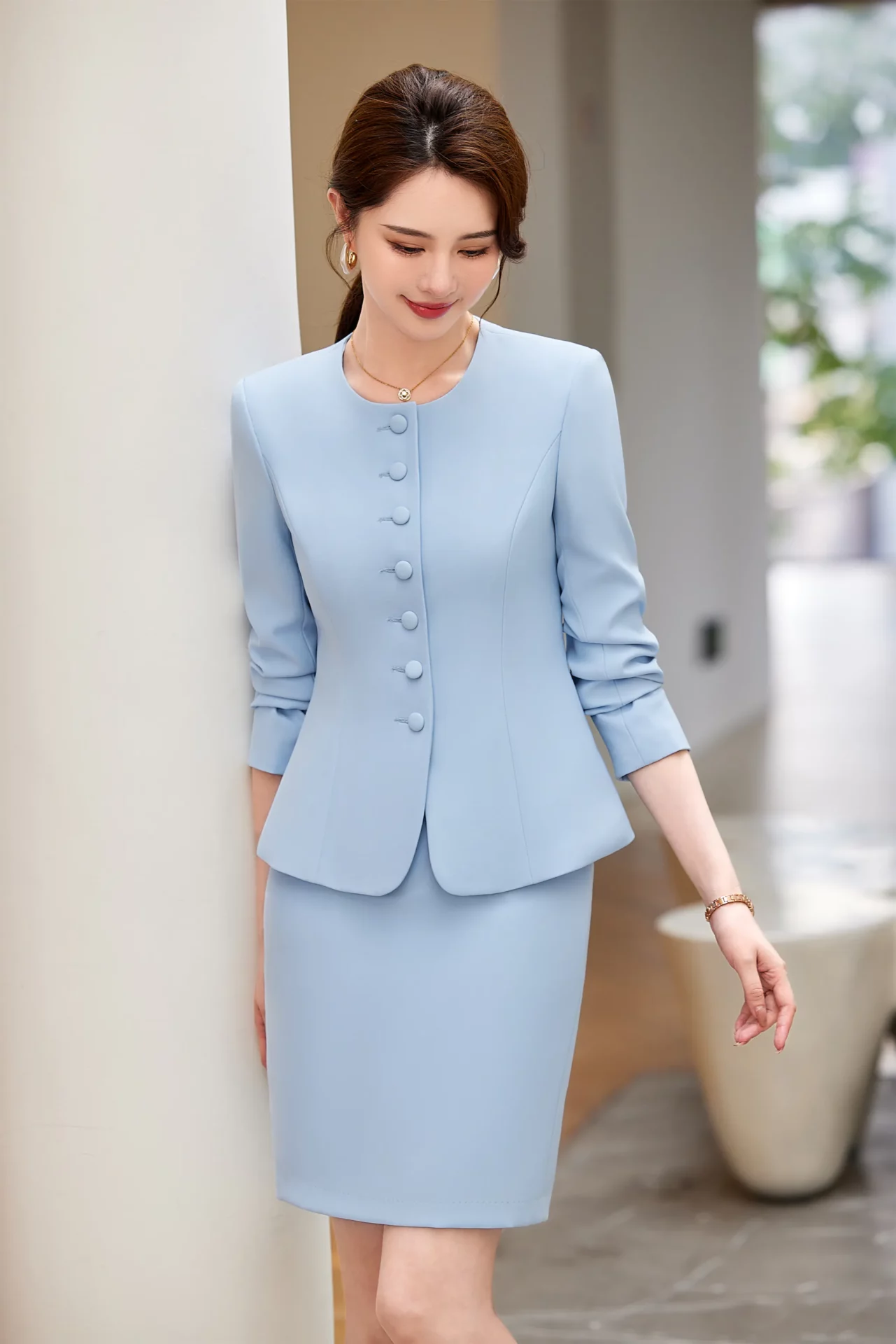 PN4092-11 ชุดสูททำงานผู้หญิงสีฟ้าคอกลมแขนยาวมาพร้อมกระโปรง