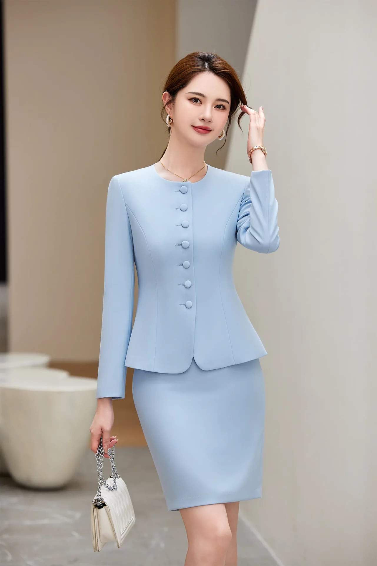 PN4092-2 ชุดสูททำงานผู้หญิงสีฟ้าคอกลมแขนยาวมาพร้อมกระโปรง