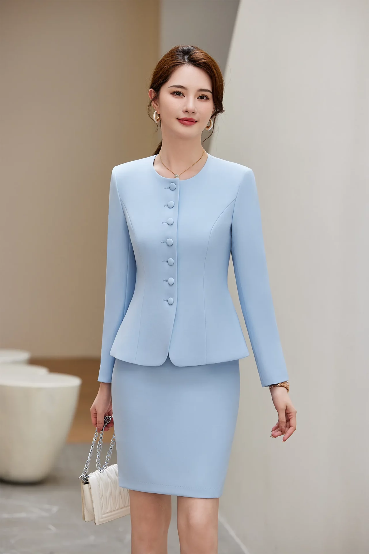PN4092-3 ชุดสูททำงานผู้หญิงสีฟ้าคอกลมแขนยาวมาพร้อมกระโปรง