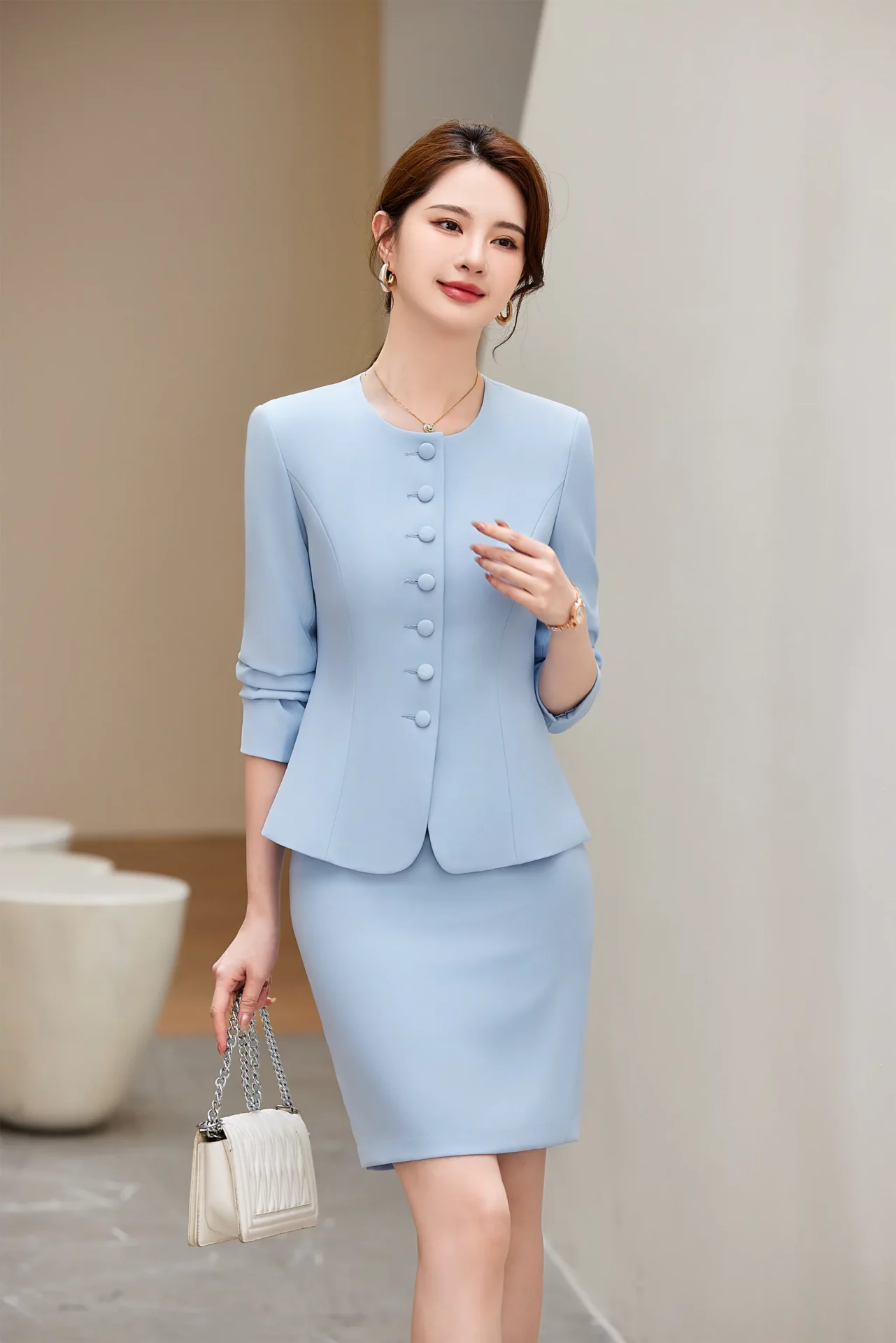 PN4092-4 ชุดสูททำงานผู้หญิงสีฟ้าคอกลมแขนยาวมาพร้อมกระโปรง