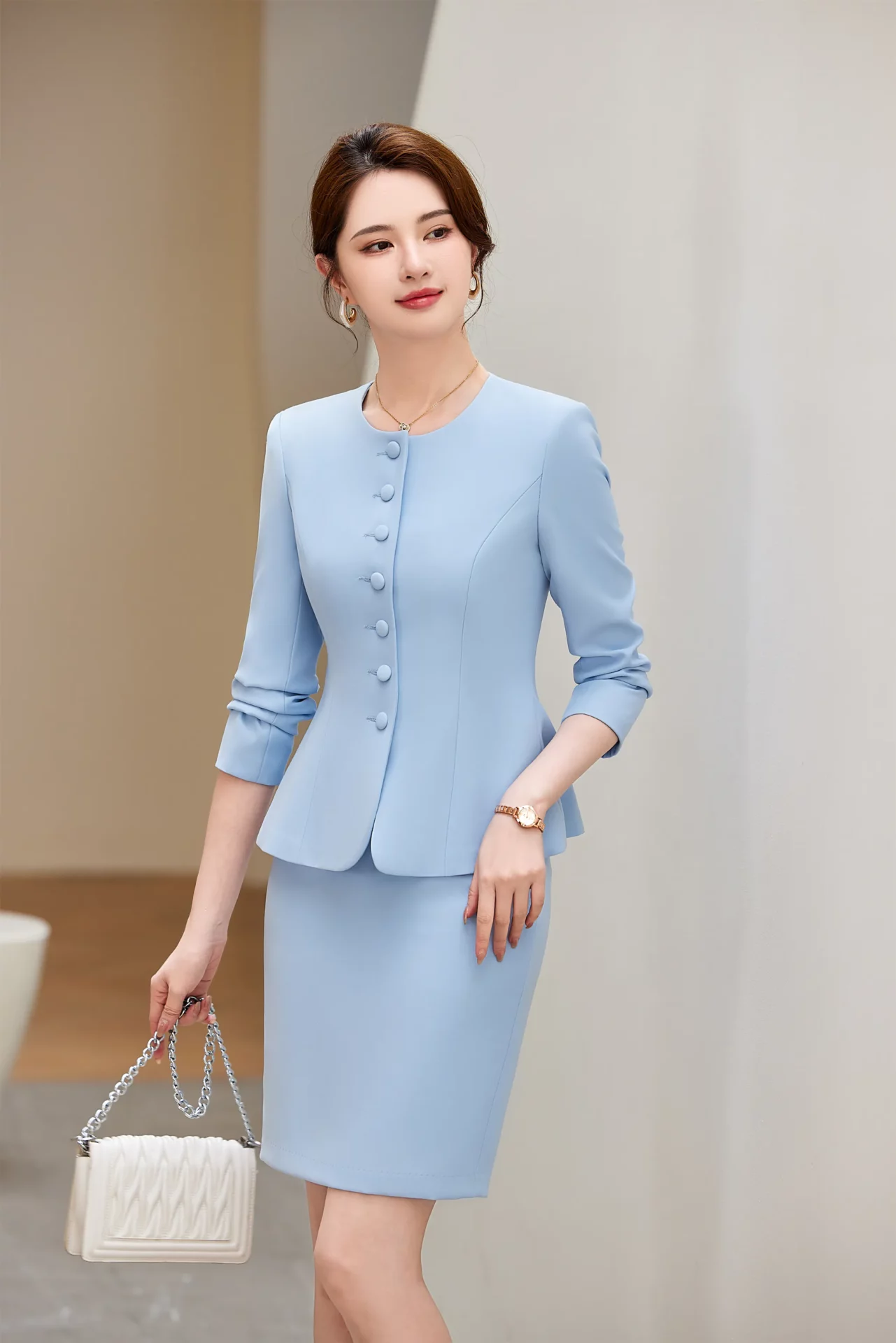 PN4092-5 ชุดสูททำงานผู้หญิงสีฟ้าคอกลมแขนยาวมาพร้อมกระโปรง