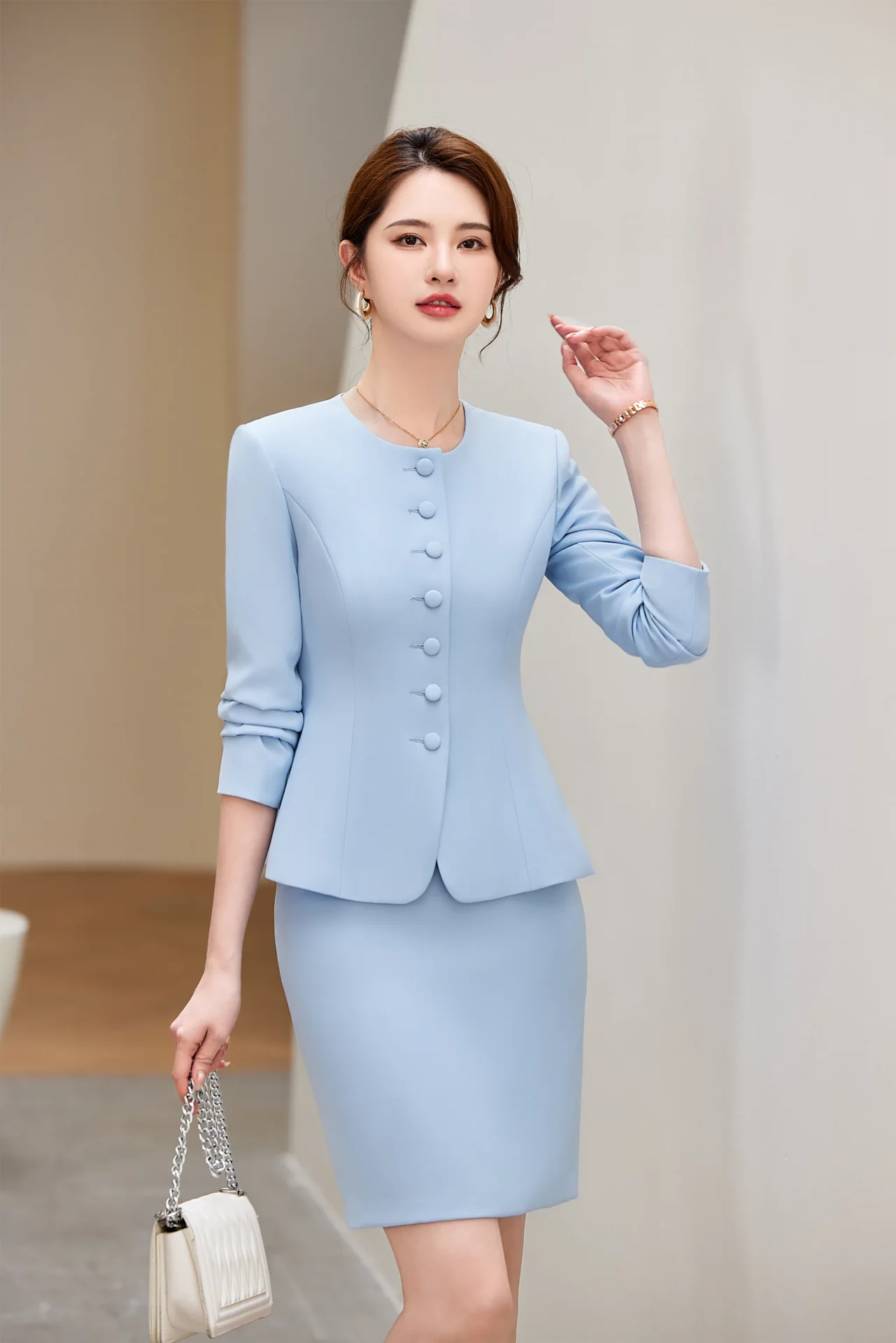 PN4092-6 ชุดสูททำงานผู้หญิงสีฟ้าคอกลมแขนยาวมาพร้อมกระโปรง