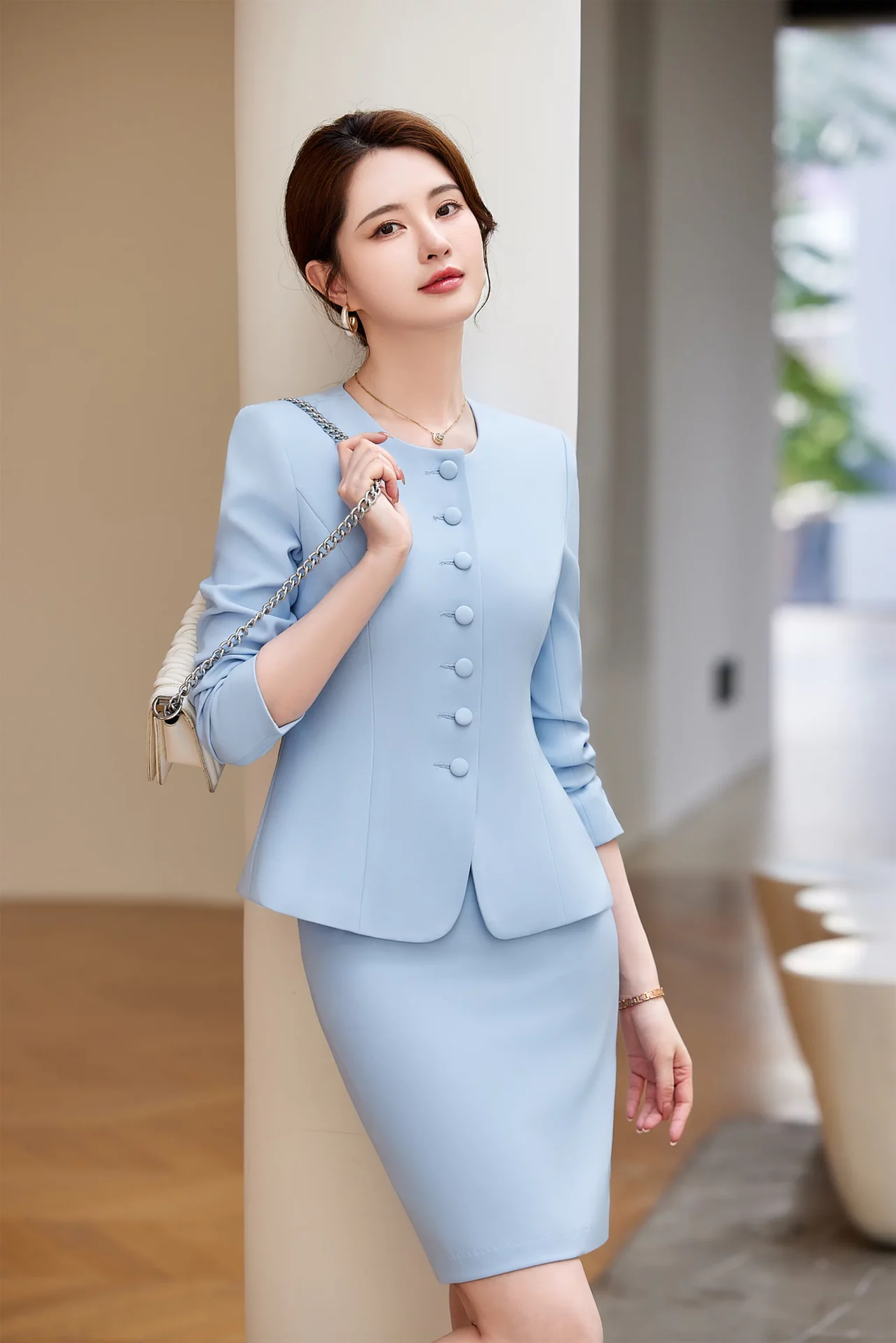 PN4092-8 ชุดสูททำงานผู้หญิงสีฟ้าคอกลมแขนยาวมาพร้อมกระโปรง
