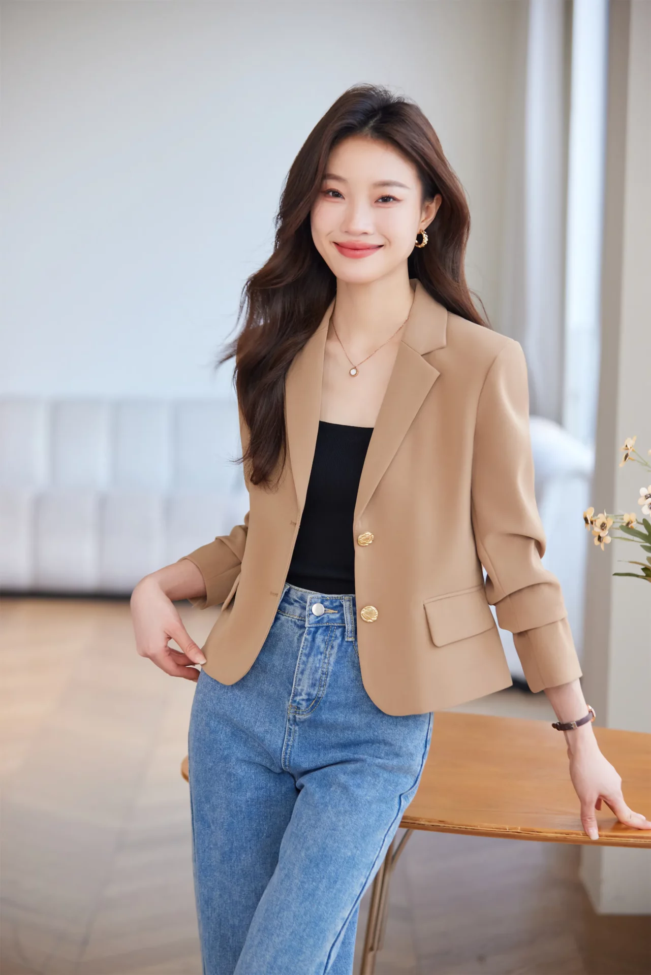 PN3876-5 เสื้อเบลเซอร์ผู้หญิงสีน้ำตาลปกป้านแต่งกระดุมแขนยาว