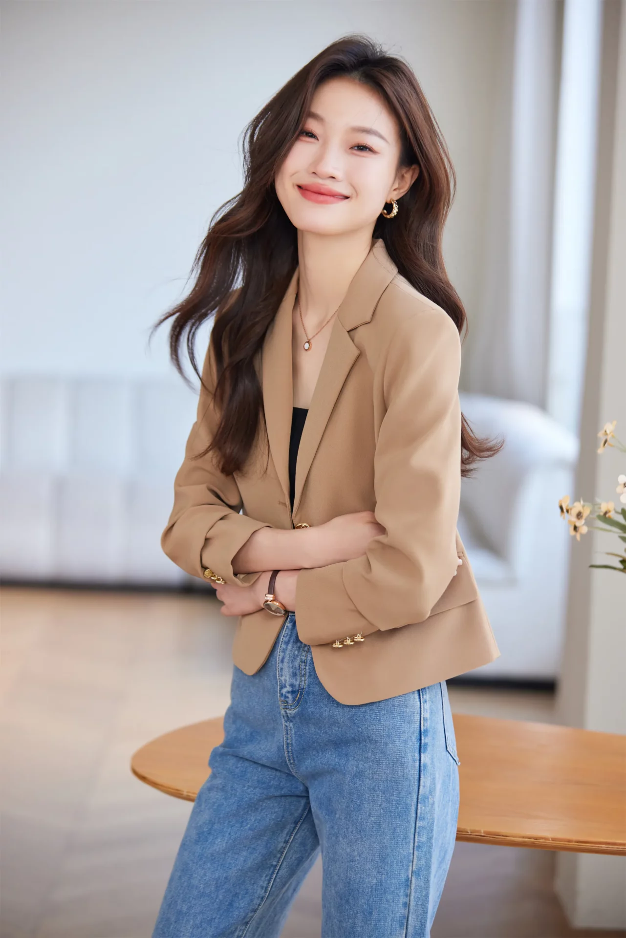 PN3876-7 เสื้อเบลเซอร์ผู้หญิงสีน้ำตาลปกป้านแต่งกระดุมแขนยาว