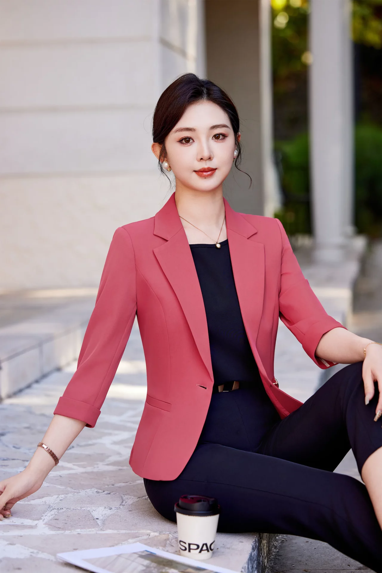 PN5009-7 เสื้อเบลเซอร์ผู้หญิงสีกุหลาบปกป้านแต่งกระดุมแขนห้าส่วน