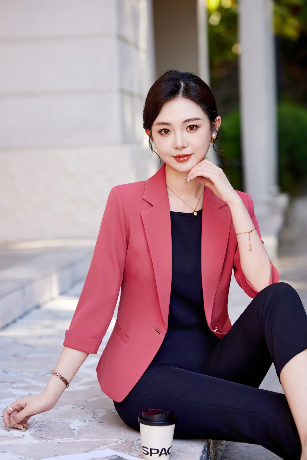 PN5009-8 เสื้อเบลเซอร์ผู้หญิงสีกุหลาบปกป้านแต่งกระดุมแขนห้าส่วน