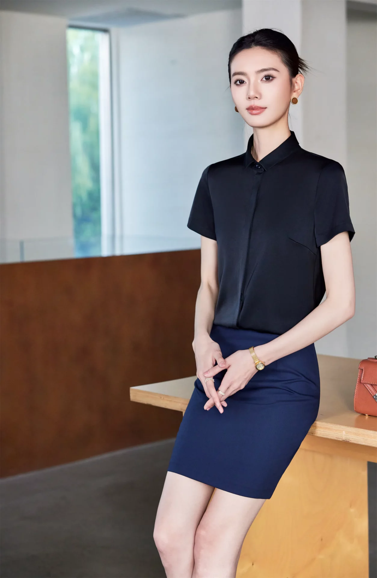 PN5027-3 เสื้อเชิ้ตทำงานผู้หญิงสีดำคอปกแขนสั้น