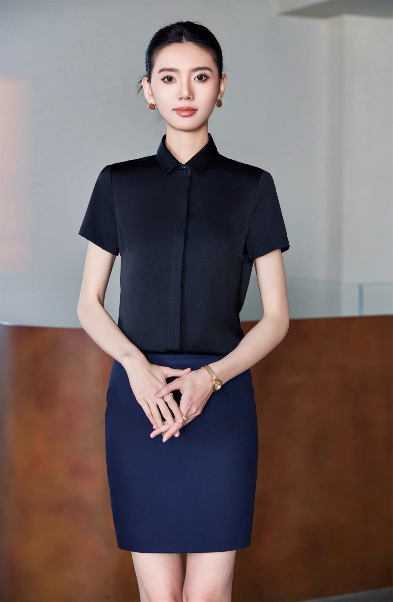 PN5027-7 เสื้อเชิ้ตทำงานผู้หญิงสีดำคอปกแขนสั้น