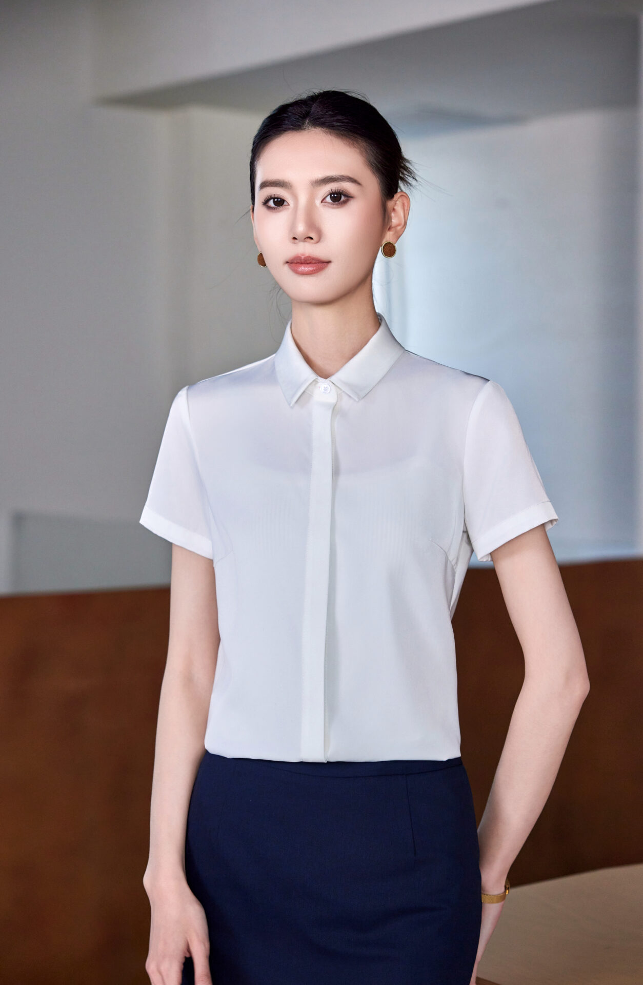 未命名会话25982 เสื้อเชิ้ตทำงานผู้หญิงสีขาวคอปกแขนสั้น