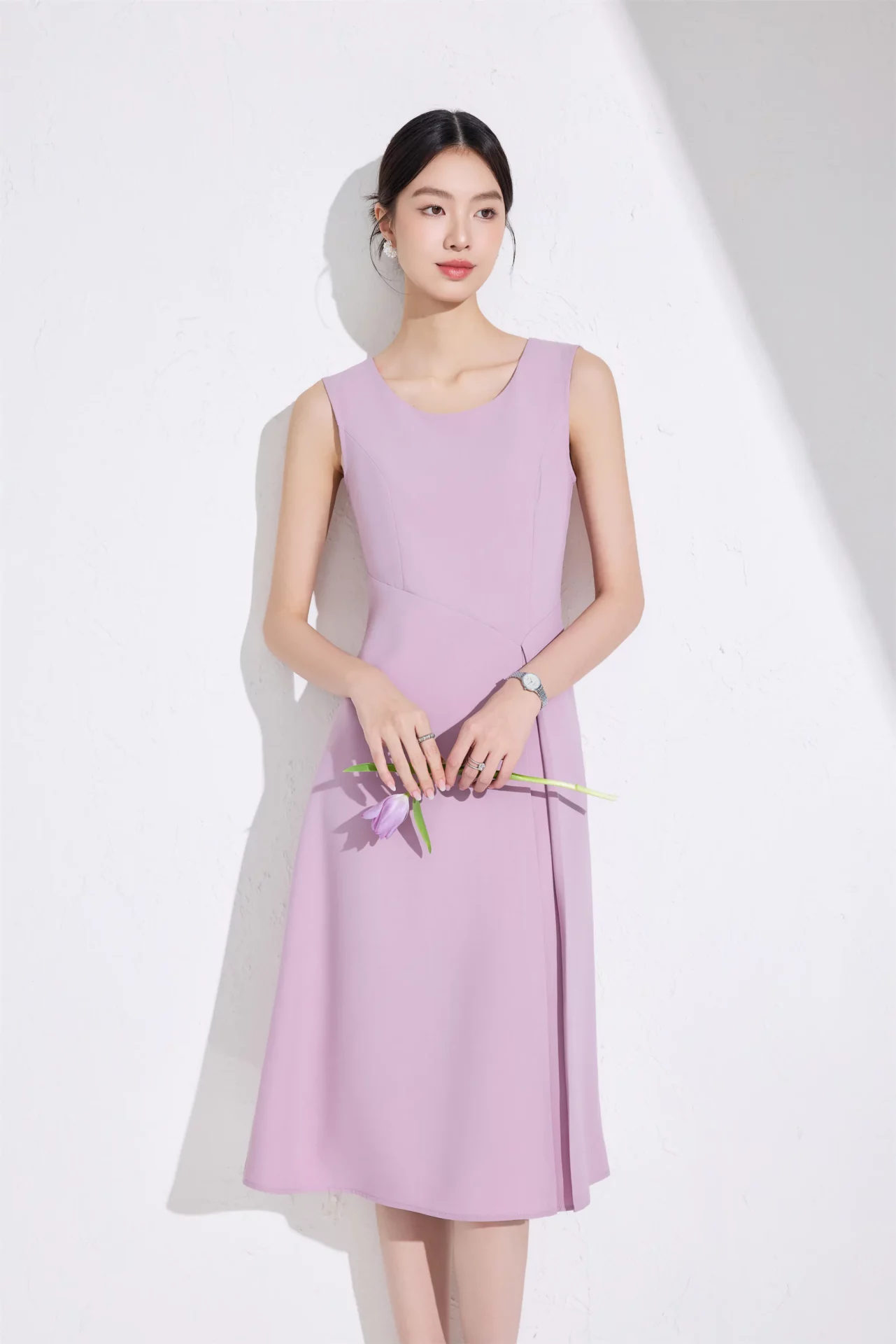 PN5058-10 เดรสทำงานผู้หญิงสีชมพูคอกลมแขนกุด
