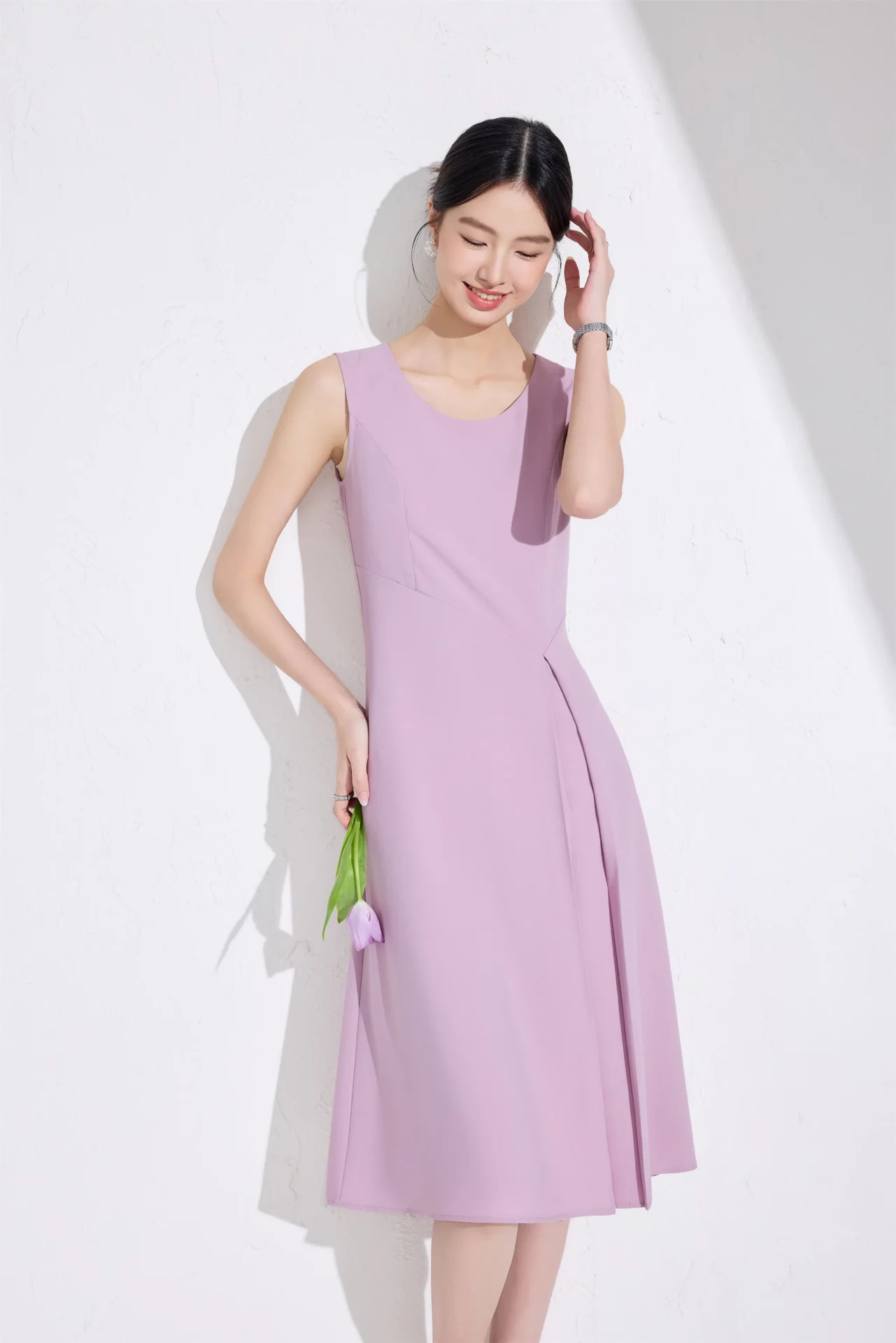 PN5058-11 เดรสทำงานผู้หญิงสีชมพูคอกลมแขนกุด