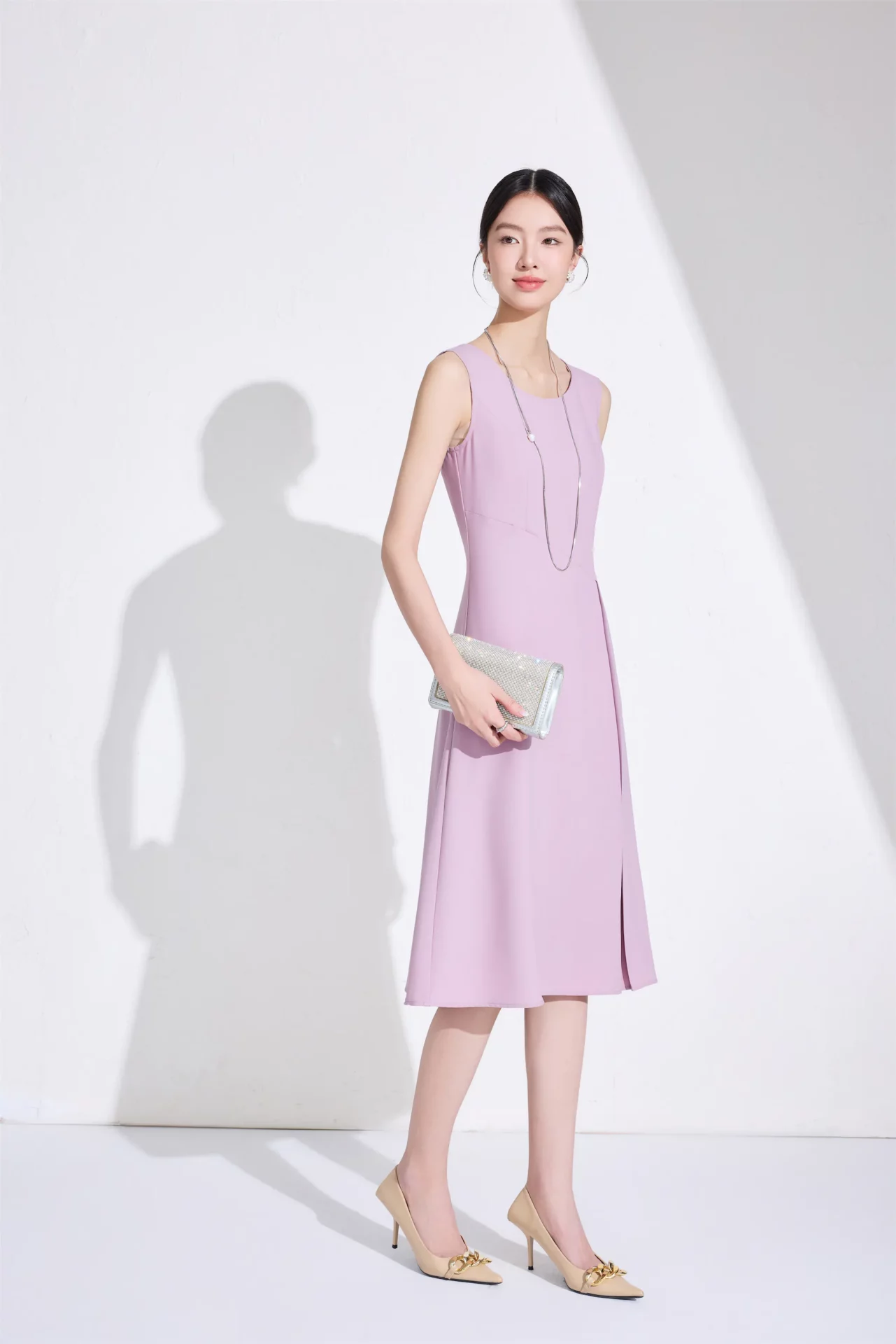 PN5058-2 เดรสทำงานผู้หญิงสีชมพูคอกลมแขนกุด