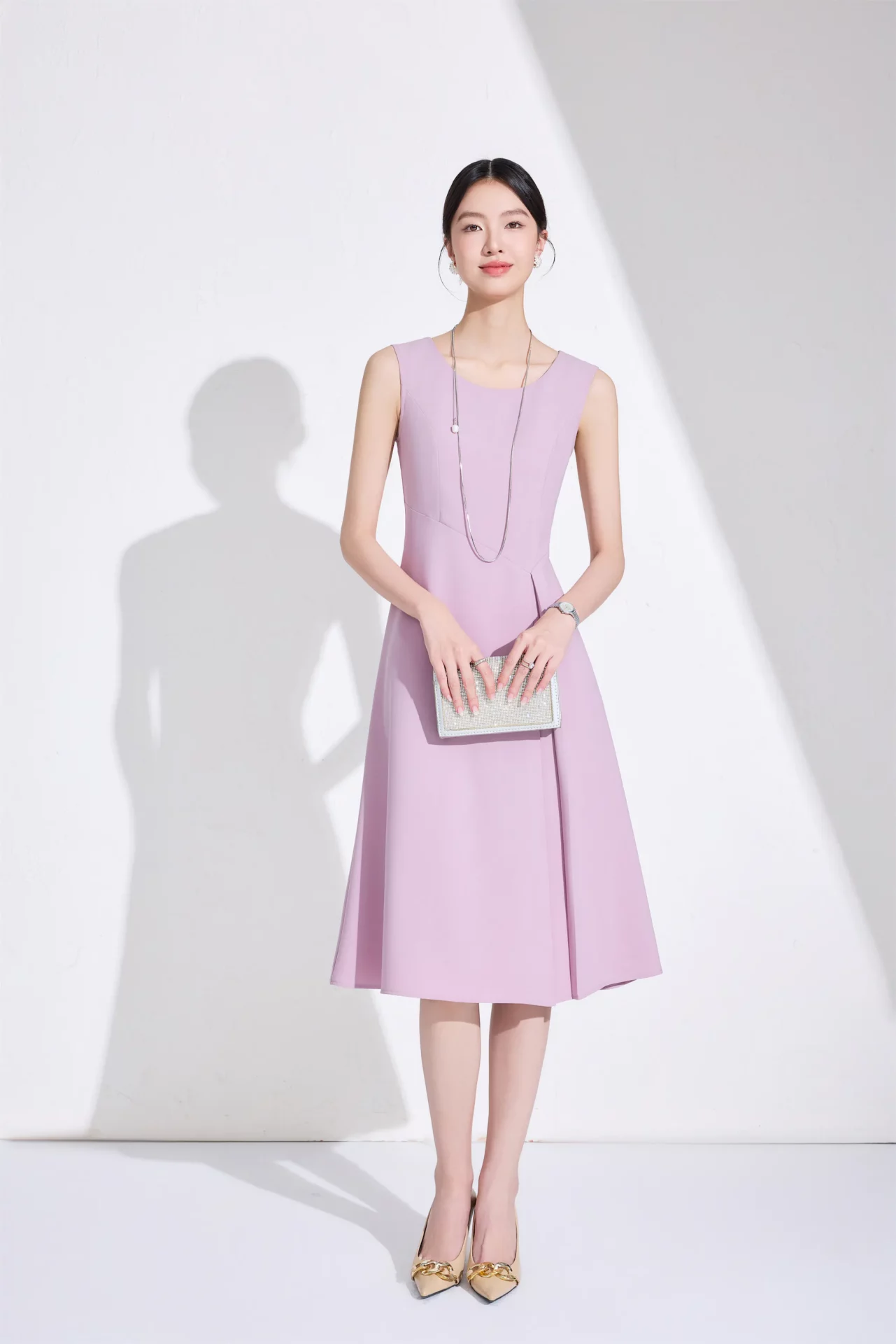 PN5058-3 เดรสทำงานผู้หญิงสีชมพูคอกลมแขนกุด