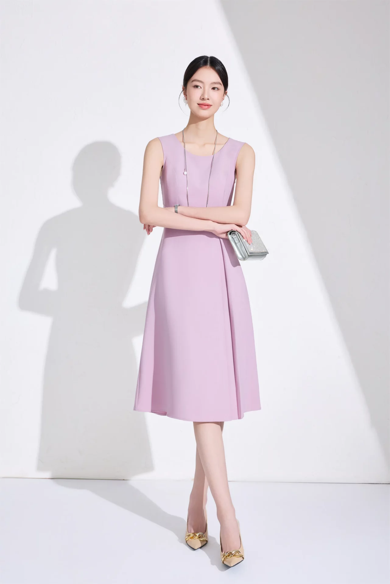 PN5058-4 เดรสทำงานผู้หญิงสีชมพูคอกลมแขนกุด