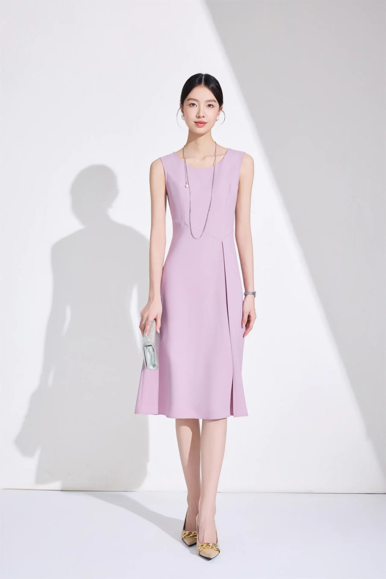 PN5058-5 เดรสทำงานผู้หญิงสีชมพูคอกลมแขนกุด