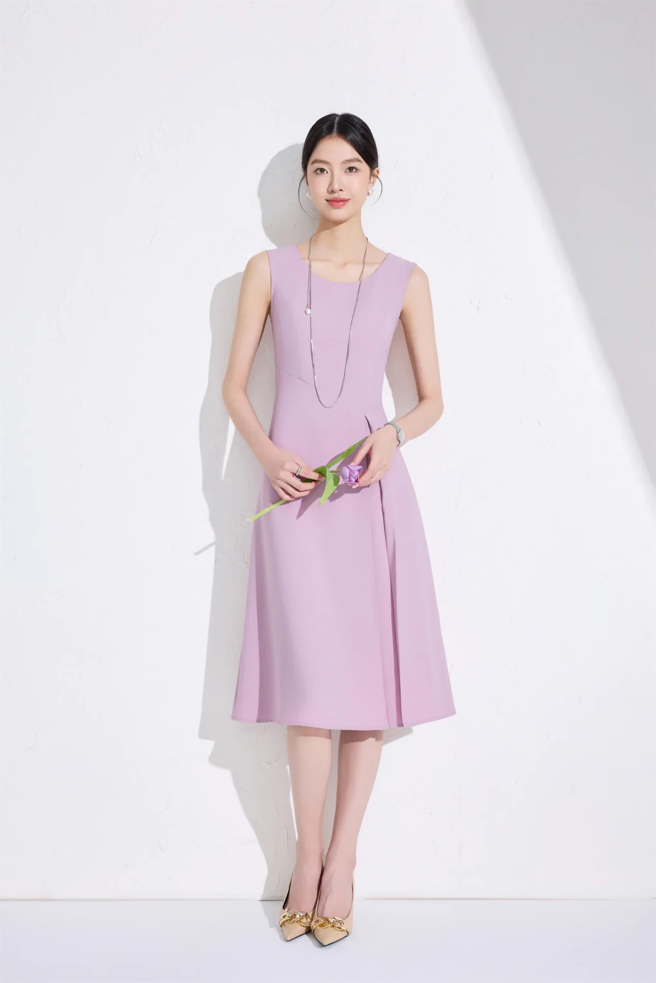 PN5058-6 เดรสทำงานผู้หญิงสีชมพูคอกลมแขนกุด