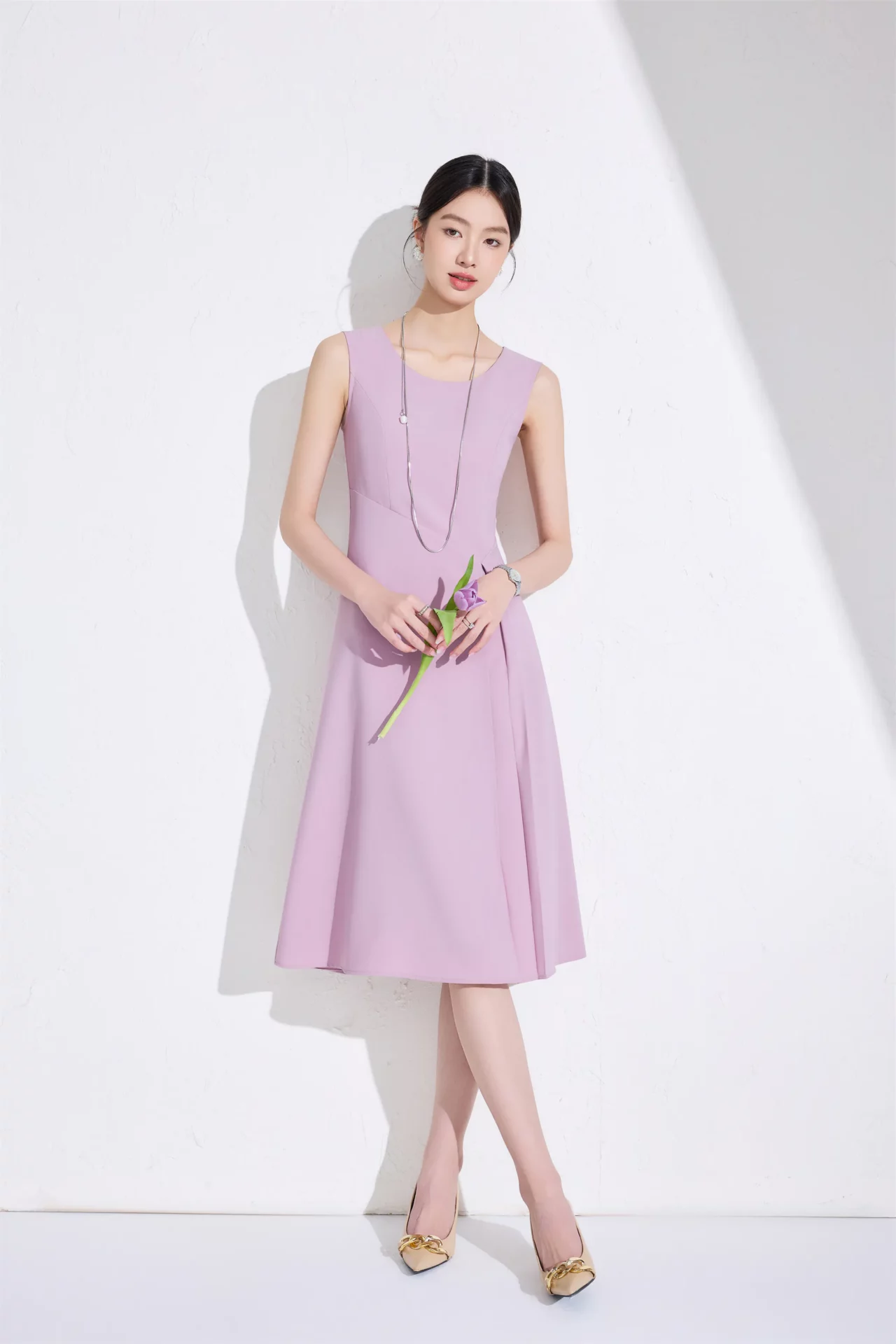 PN5058-7 เดรสทำงานผู้หญิงสีชมพูคอกลมแขนกุด