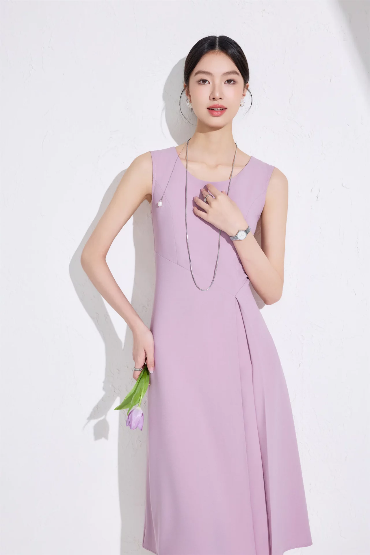 PN5058-8 เดรสทำงานผู้หญิงสีชมพูคอกลมแขนกุด