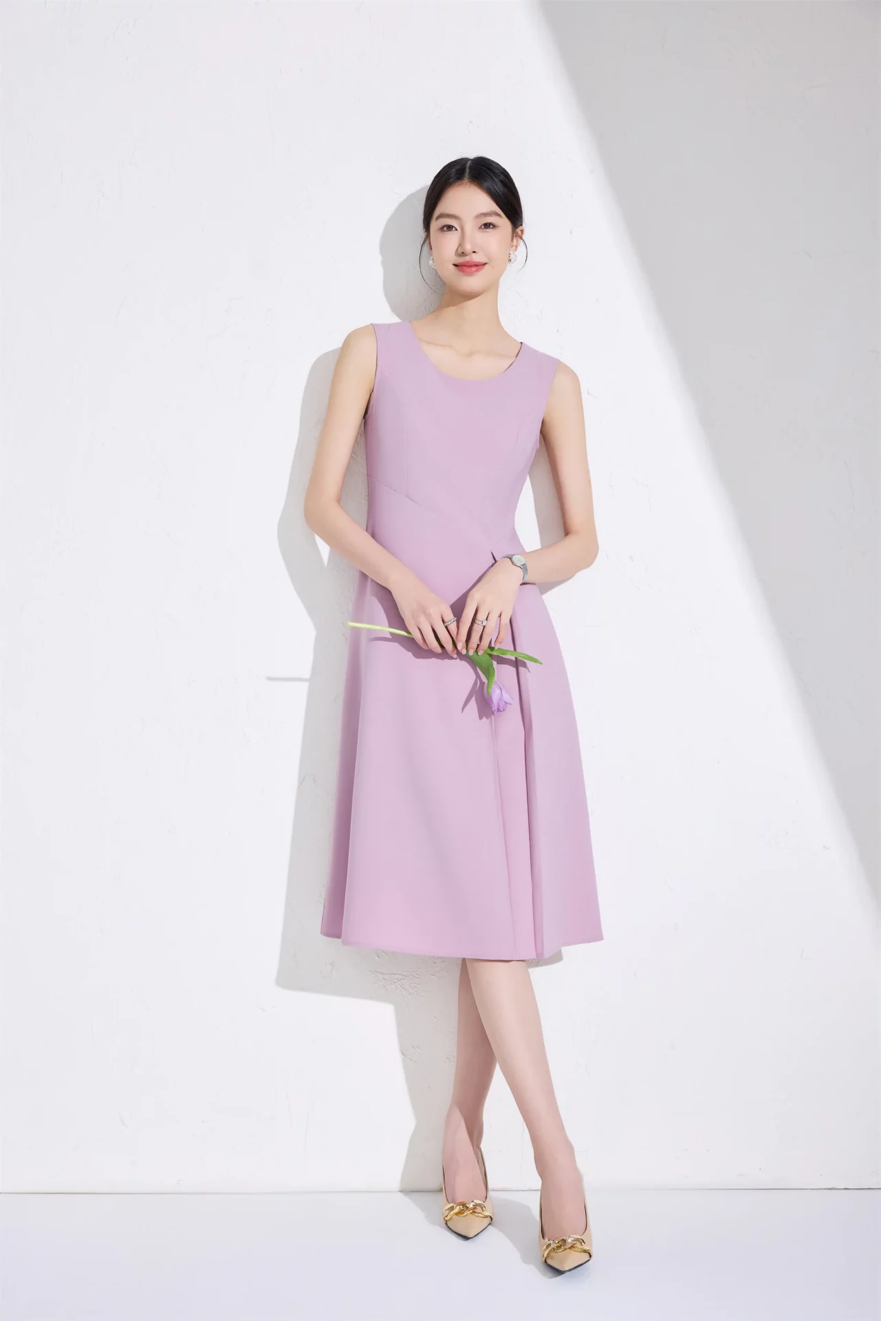 PN5058-9 เดรสทำงานผู้หญิงสีชมพูคอกลมแขนกุด