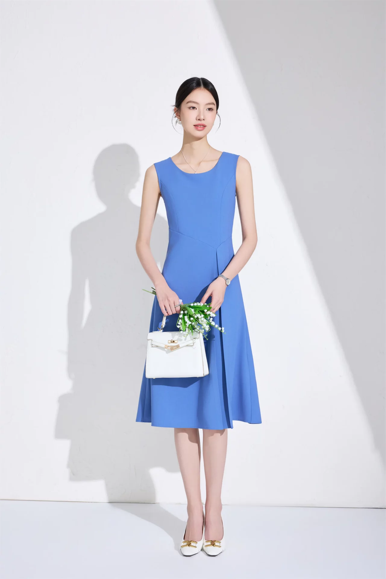 PN5059-6 เดรสทำงานผู้หญิงสีฟ้าคอกลมแขนกุด