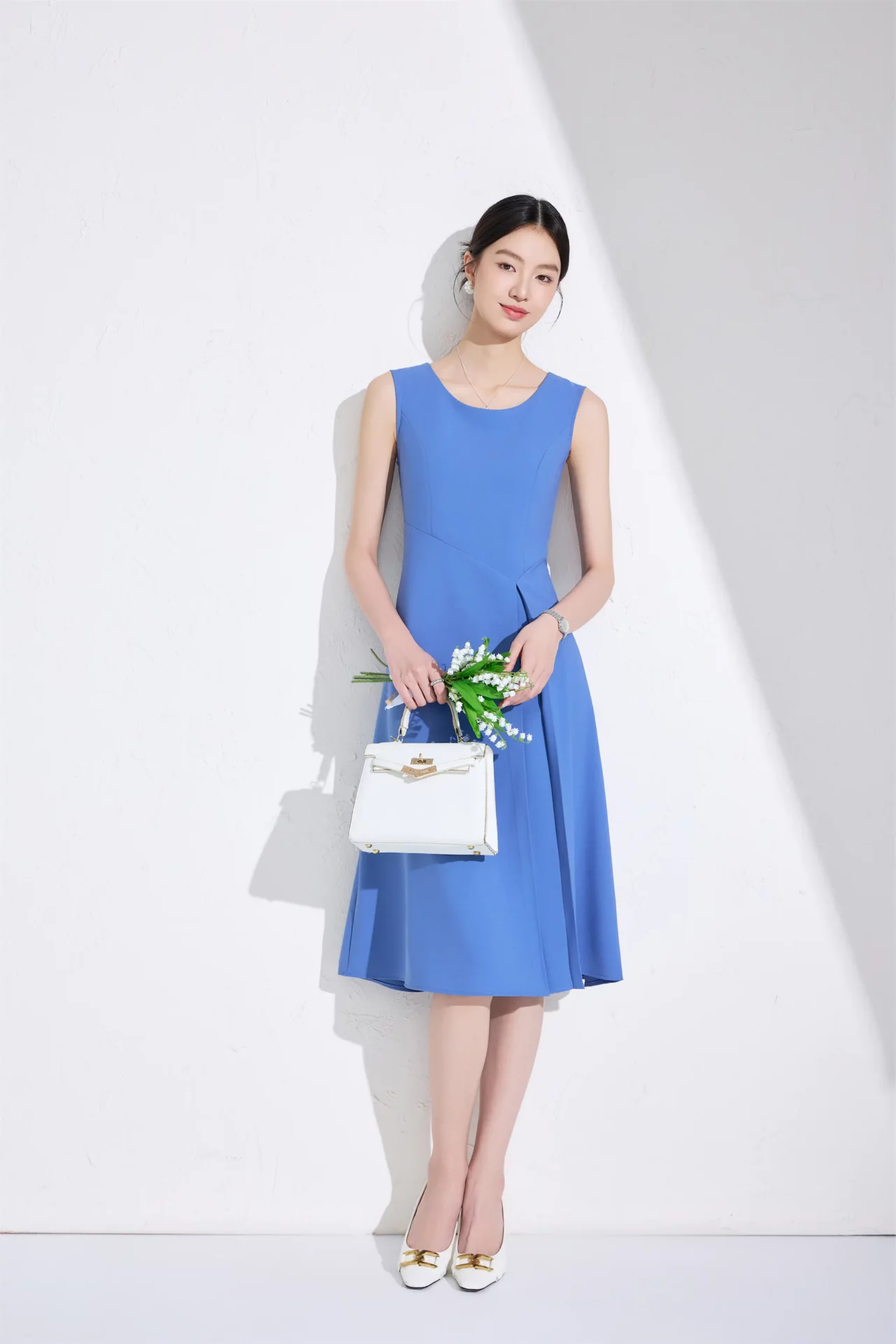 PN5059-8 เดรสทำงานผู้หญิงสีฟ้าคอกลมแขนกุด