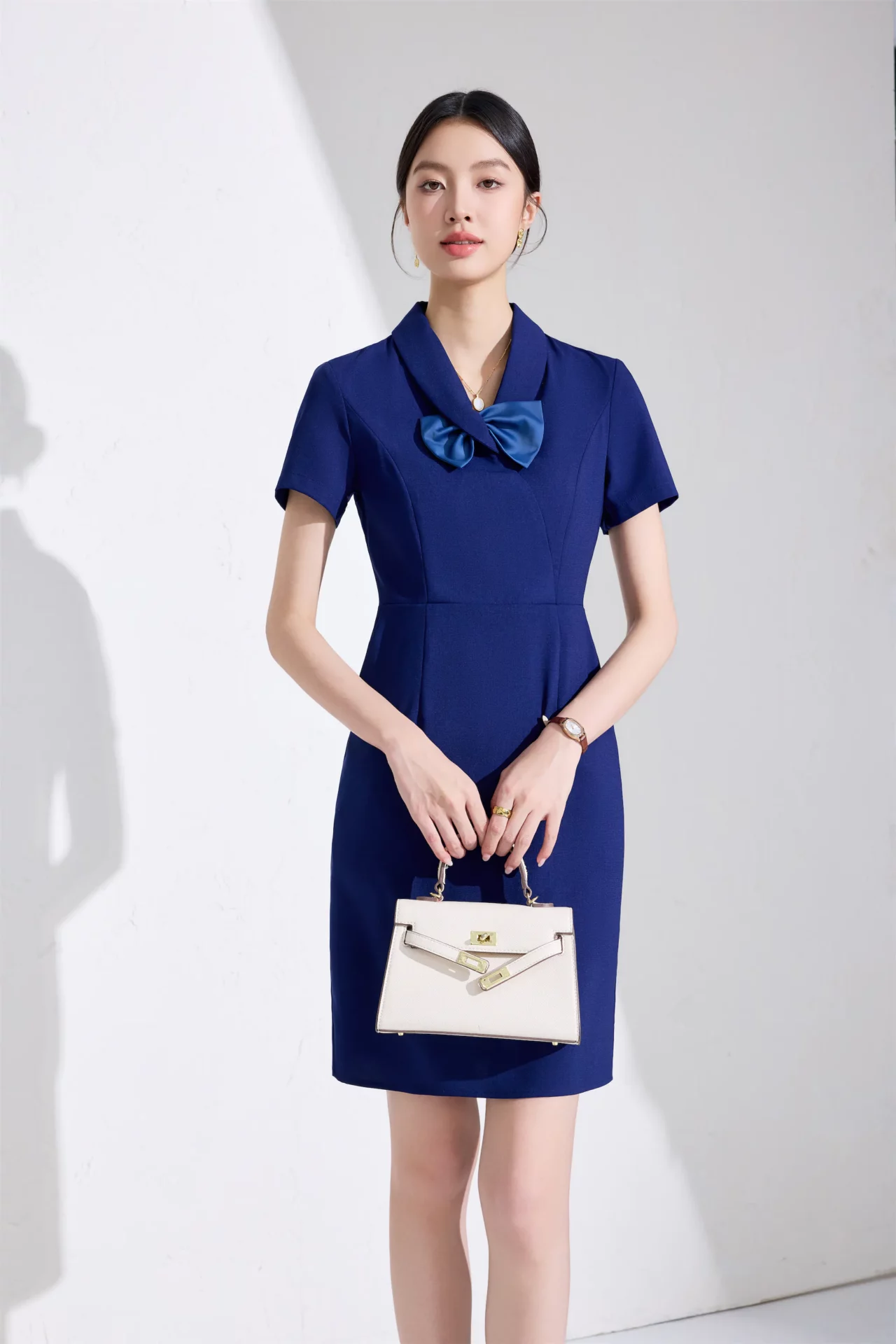 PN5064-4 เดรสทำงานผู้หญิงสีน้ำเงินแต่งปกมาพร้อมโบว์แขนสั้น