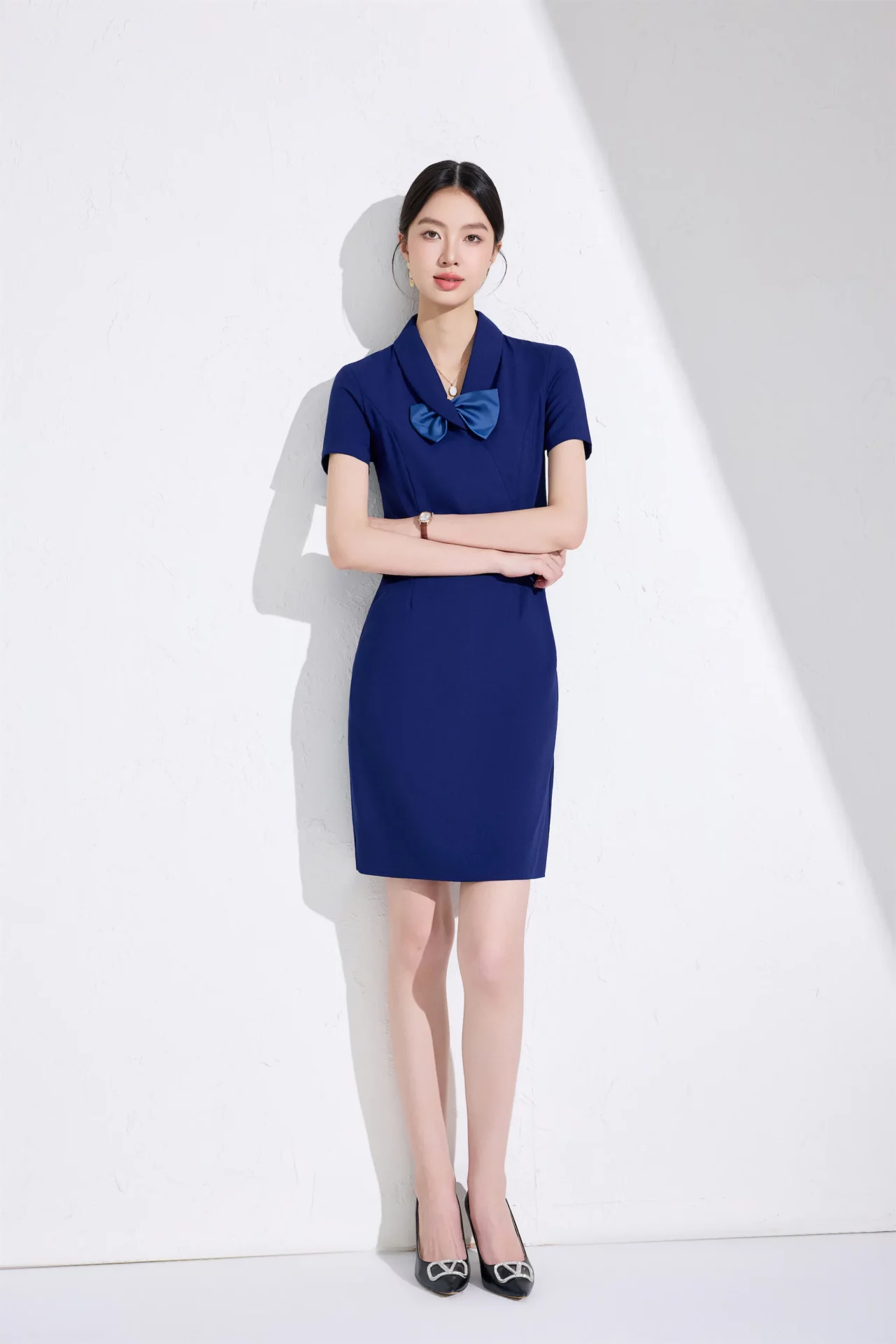 PN5064-6 เดรสทำงานผู้หญิงสีน้ำเงินแต่งปกมาพร้อมโบว์แขนสั้น