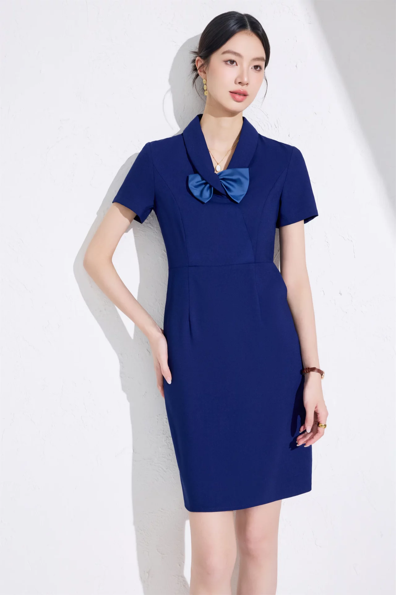 PN5064-9 เดรสทำงานผู้หญิงสีน้ำเงินแต่งปกมาพร้อมโบว์แขนสั้น