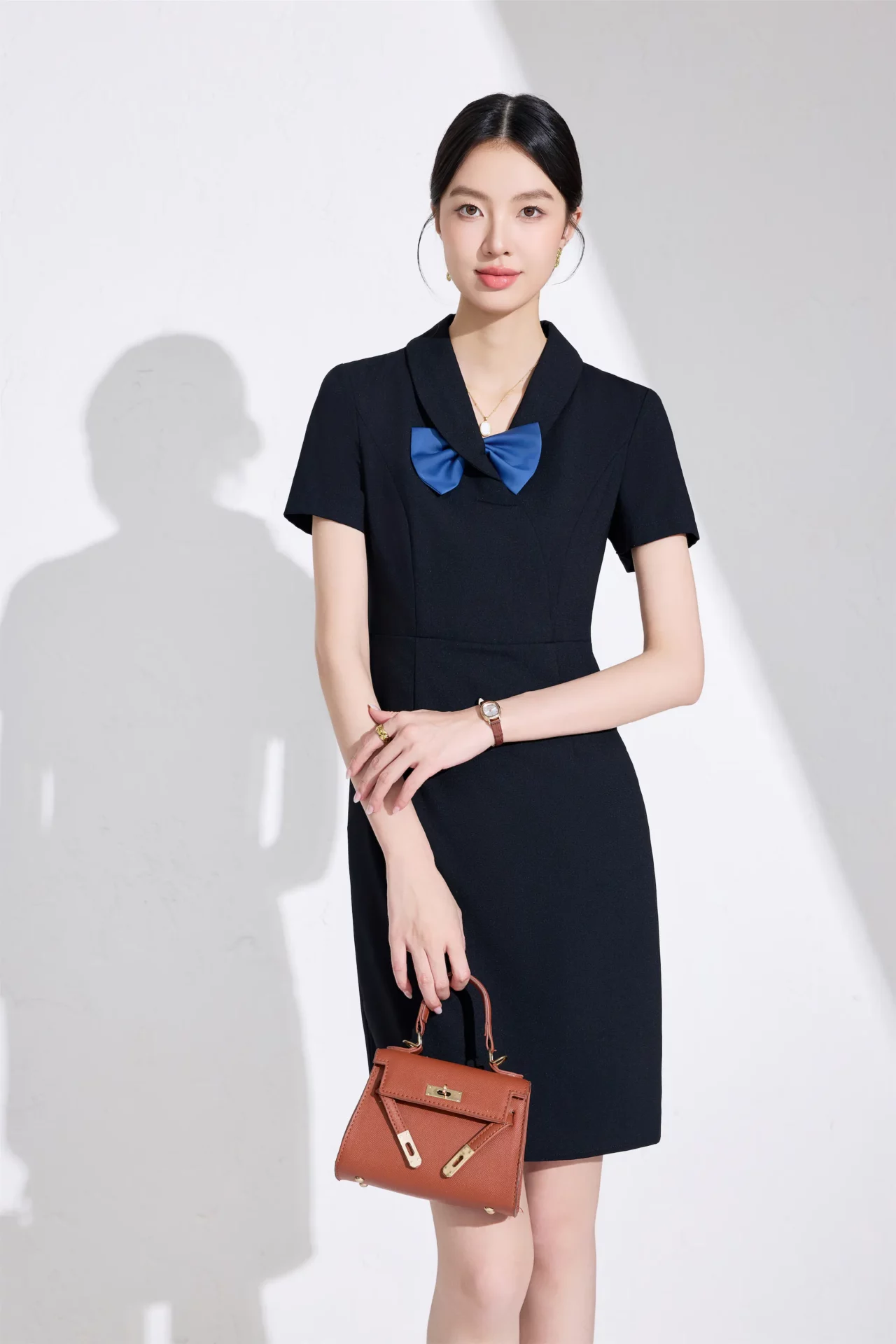 PN5065-10 เดรสทำงานผู้หญิงสีดำแต่งปกมาพร้อมโบว์แขนสั้น