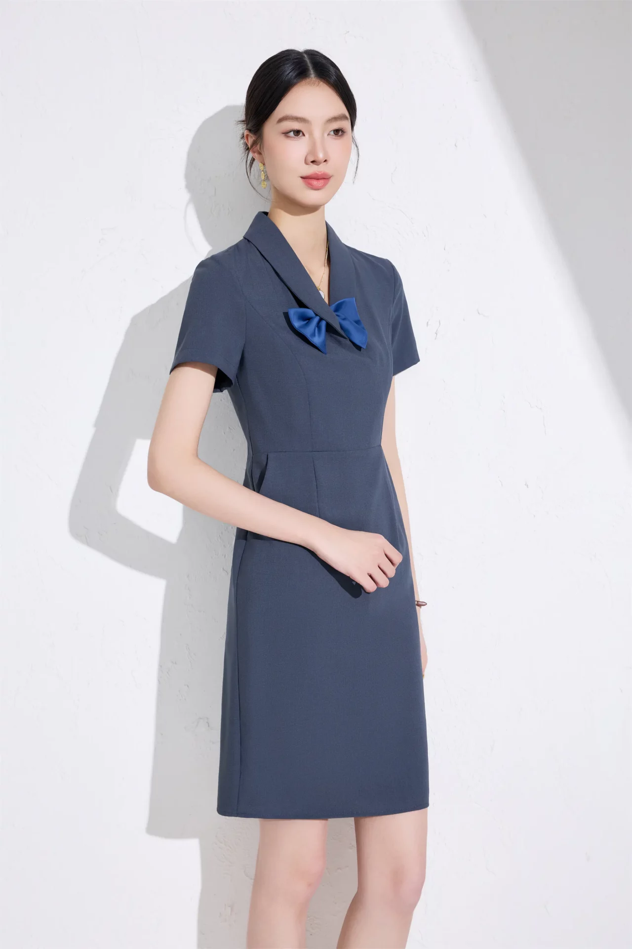PN5067-10 เดรสทำงานผู้หญิงสีเทาแต่งปกมาพร้อมโบว์แขนสั้น