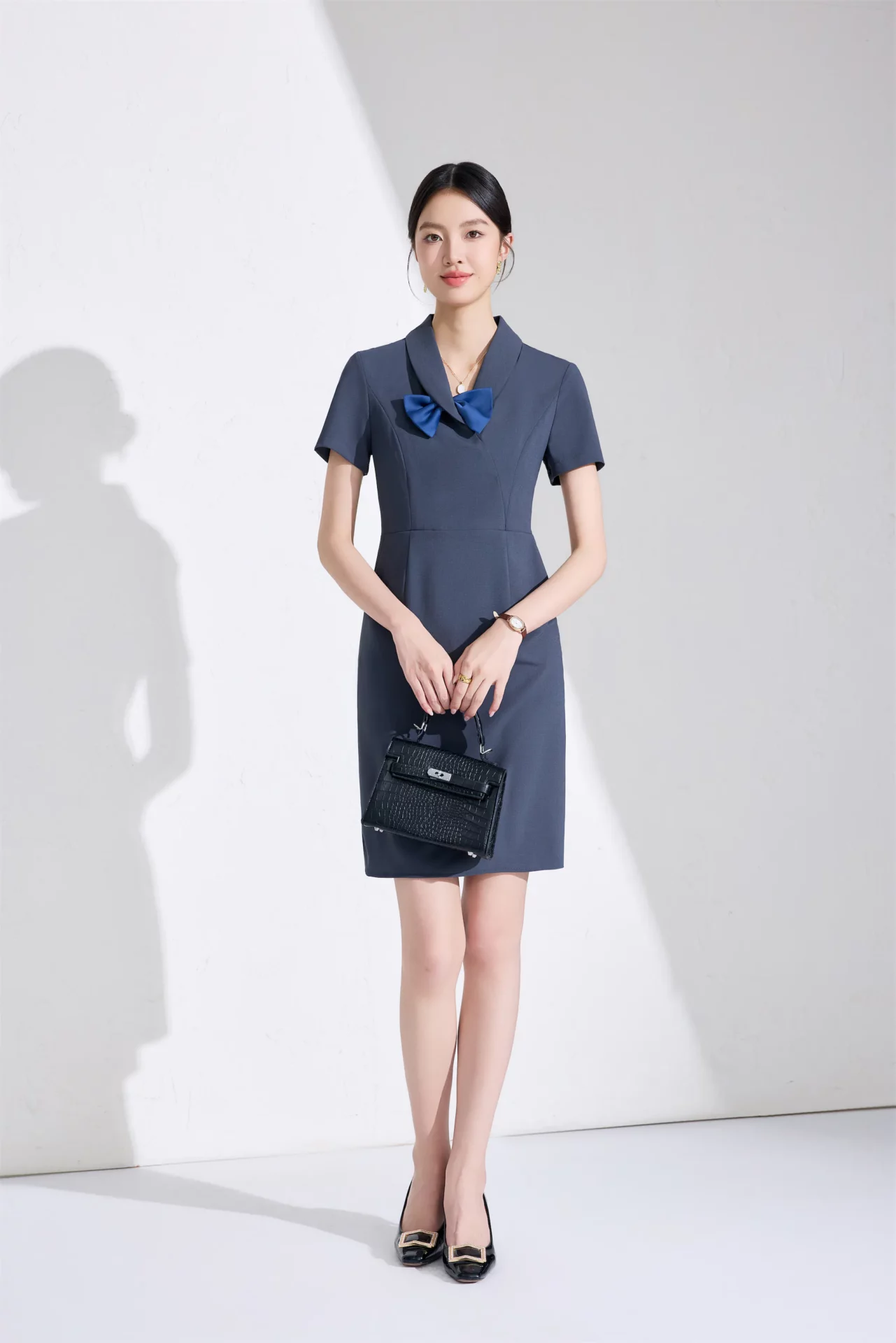 PN5067-6 เดรสทำงานผู้หญิงสีเทาแต่งปกมาพร้อมโบว์แขนสั้น