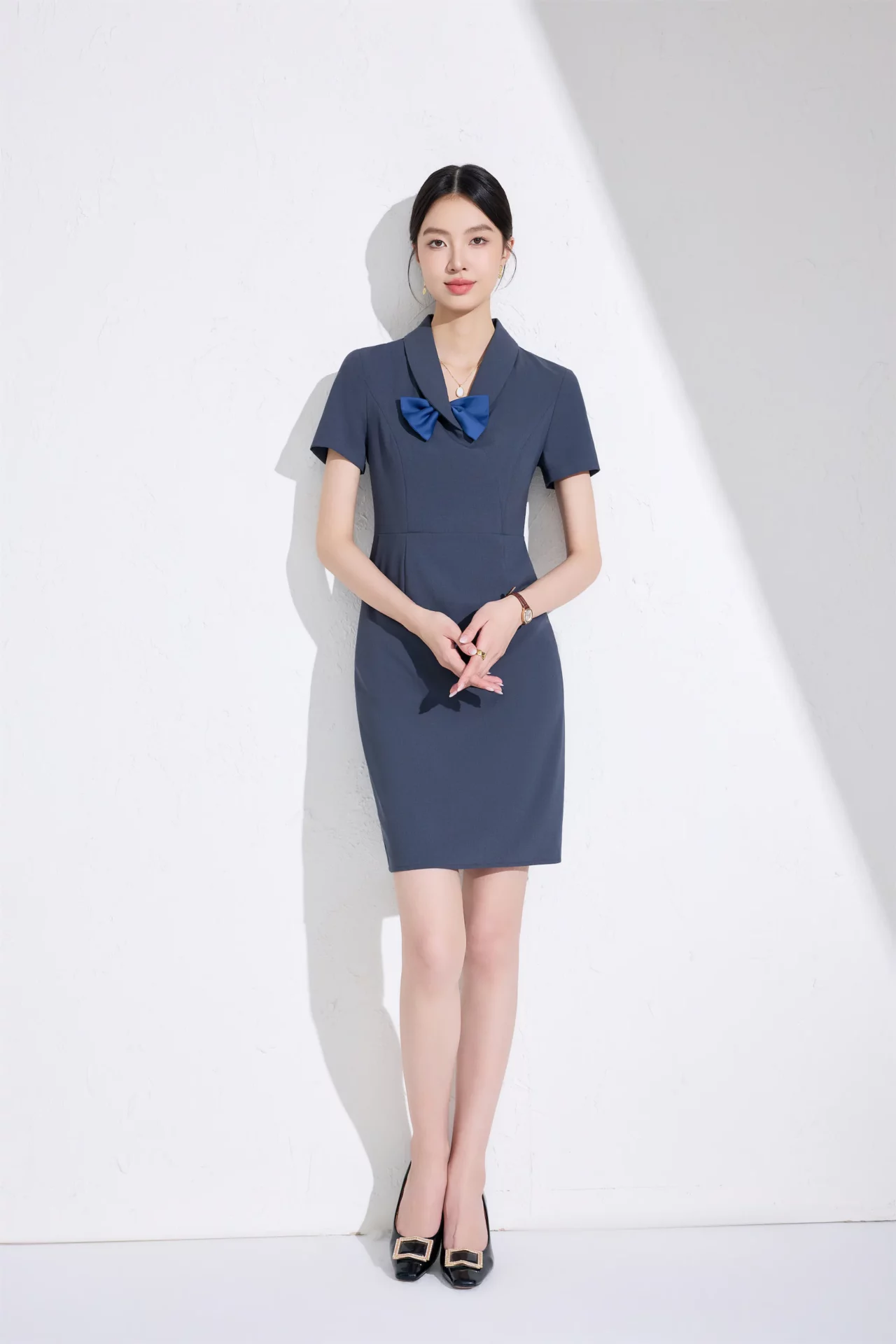 PN5067-7 เดรสทำงานผู้หญิงสีเทาแต่งปกมาพร้อมโบว์แขนสั้น